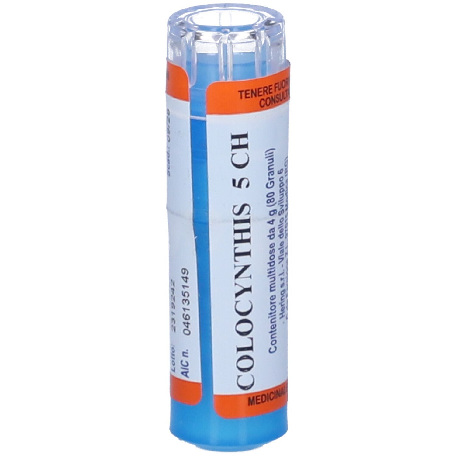 Contenitore blu-trasparente. Scritta: COLOCYNTHIS 5 CH. Etichette arancioni con testo e numero di lotto.