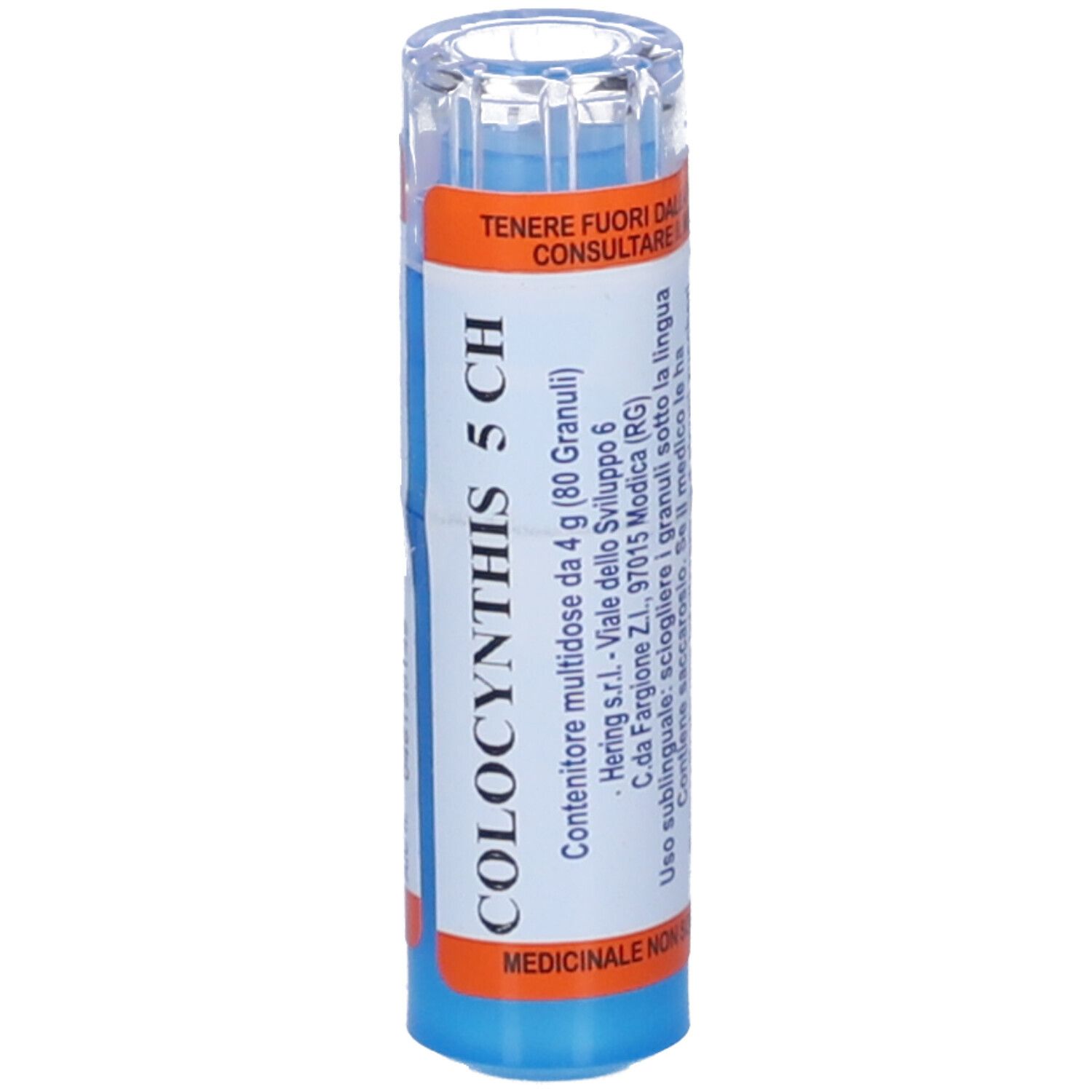 Contenitore cilindrico. Scritta: COLOCYNTHIS 5 CH. Testo su etichette arancioni. Informazioni del produttore.