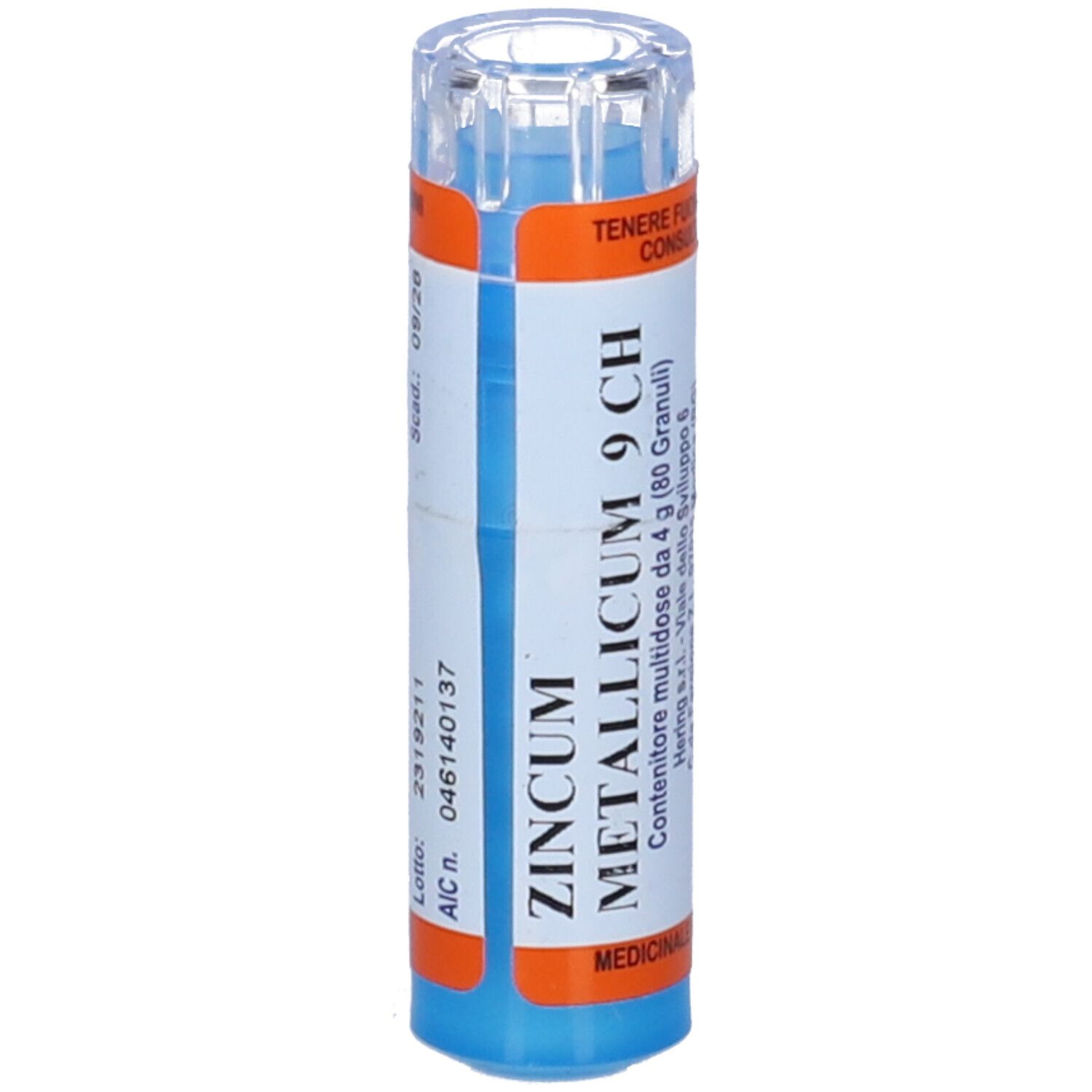 Flacone blu e bianco con etichetta HERING. Scritta: ZINCUM METALLICUM 9 CH, 80 Granuli. Tappo trasparente.