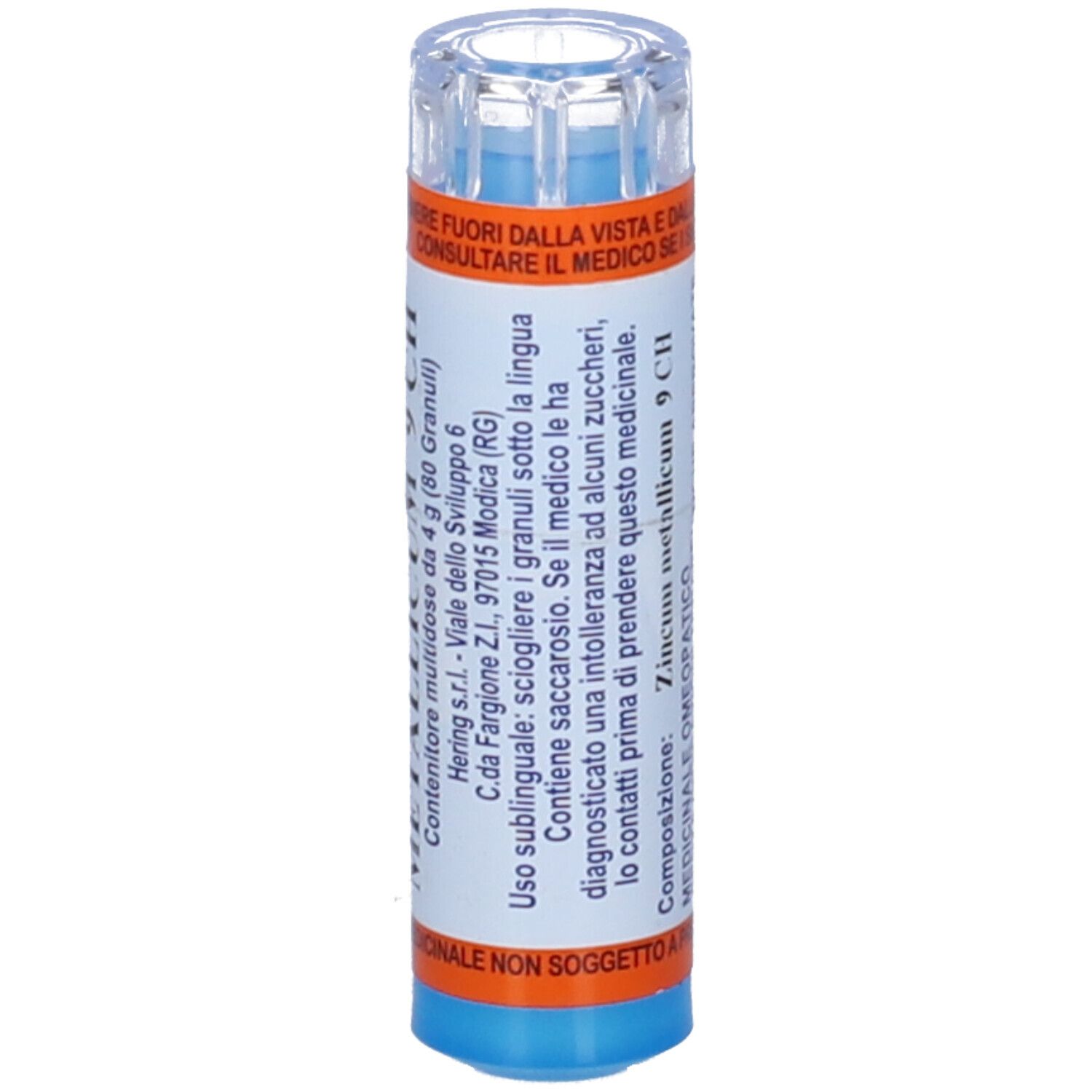 Flacone blu e bianco con etichetta HERING. Scritta: ZINCUM METALLICUM 9 CH. Informazioni mediche. Tappo trasparente.