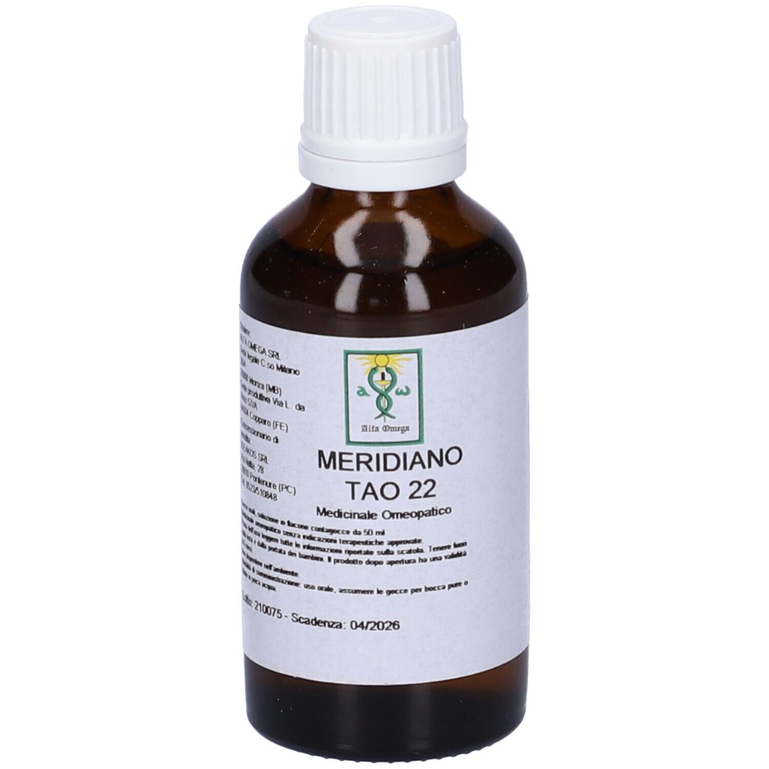 Flacone di vetro marrone con tappo bianco. Etichetta con testo: Meridiano Tao 22, Medicinale omeopatico.