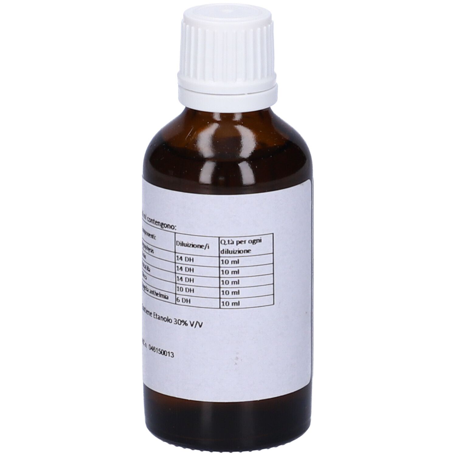 Flacone di vetro marrone con tappo bianco. Etichetta con informazioni sugli ingredienti e diluizioni.