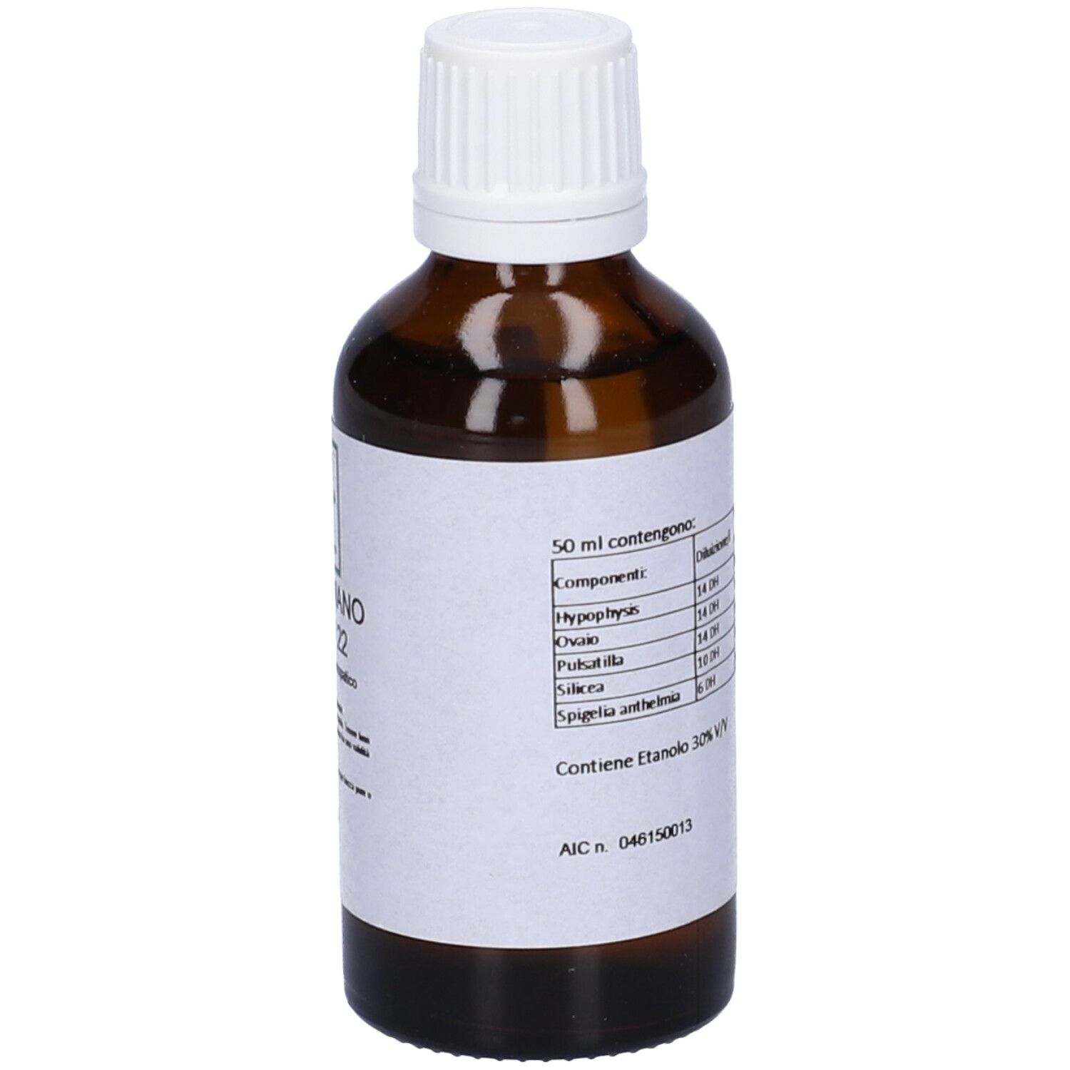 Flacone di vetro marrone con tappo bianco. Etichetta con ingredienti e contenuto alcolico.