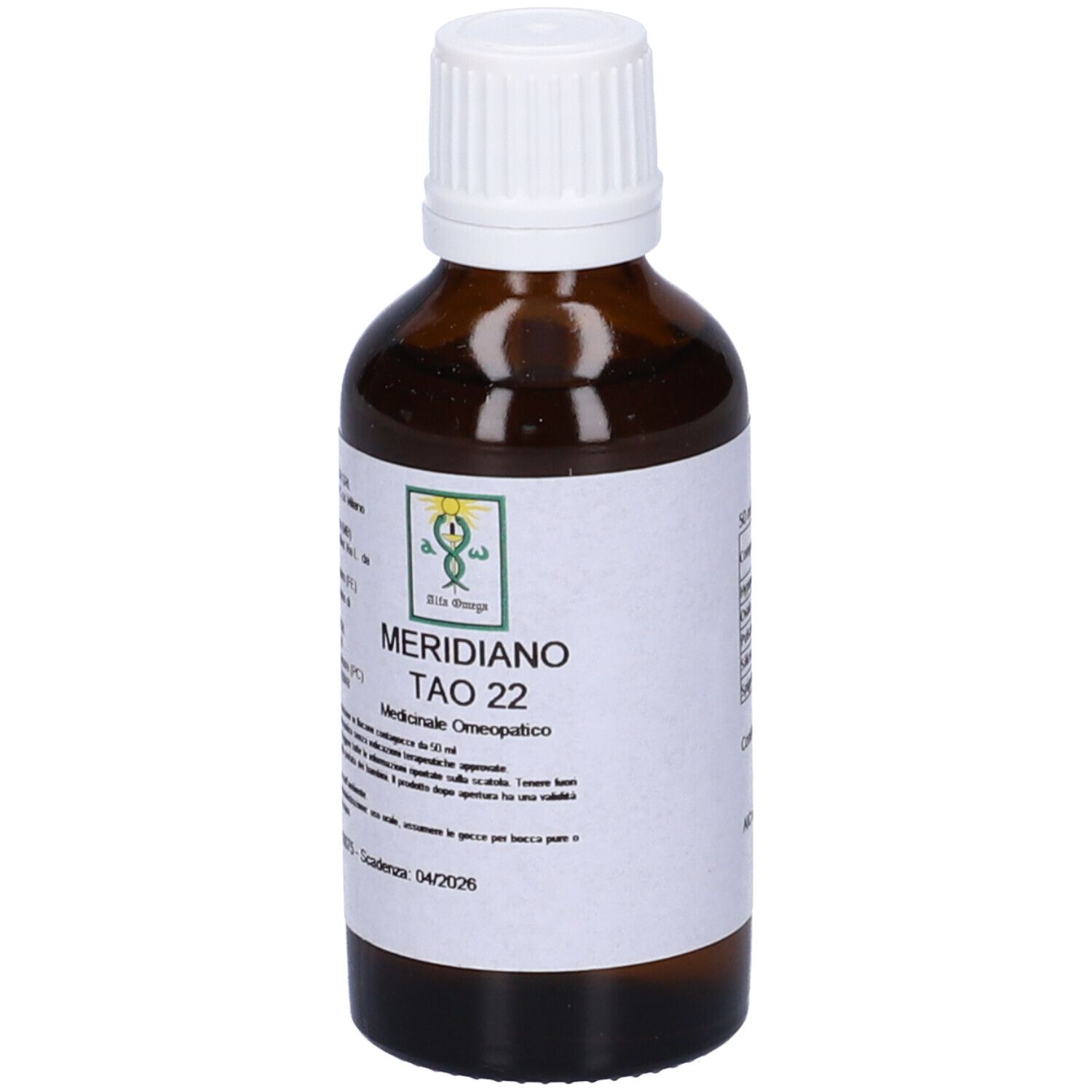 Flacone di vetro marrone con tappo bianco. Etichetta con testo: Meridiano Tao 22, Medicinale omeopatico.
