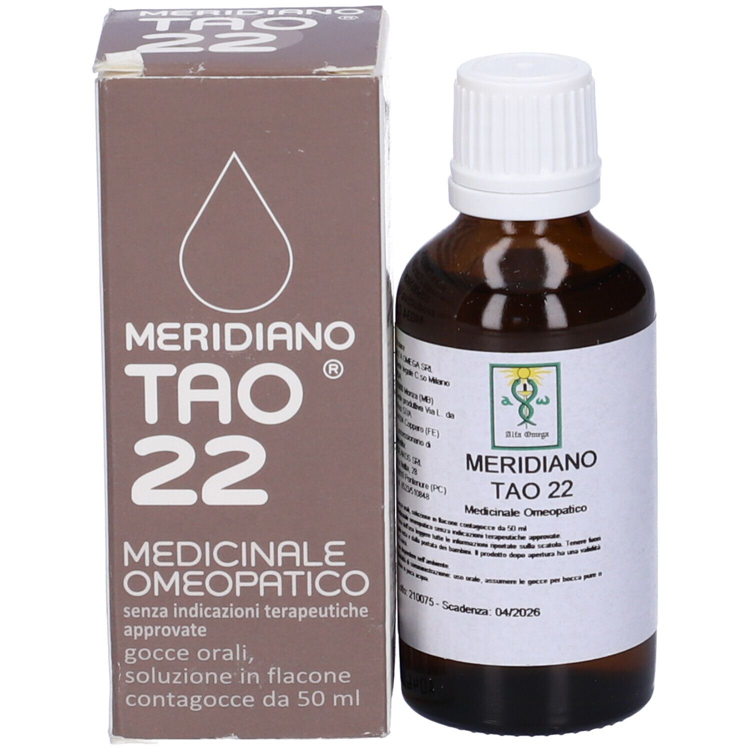 Scatola e flacone marroni. Sulla scatola: Meridiano Tao 22, Medicinale omeopatico. Flacone contagocce.