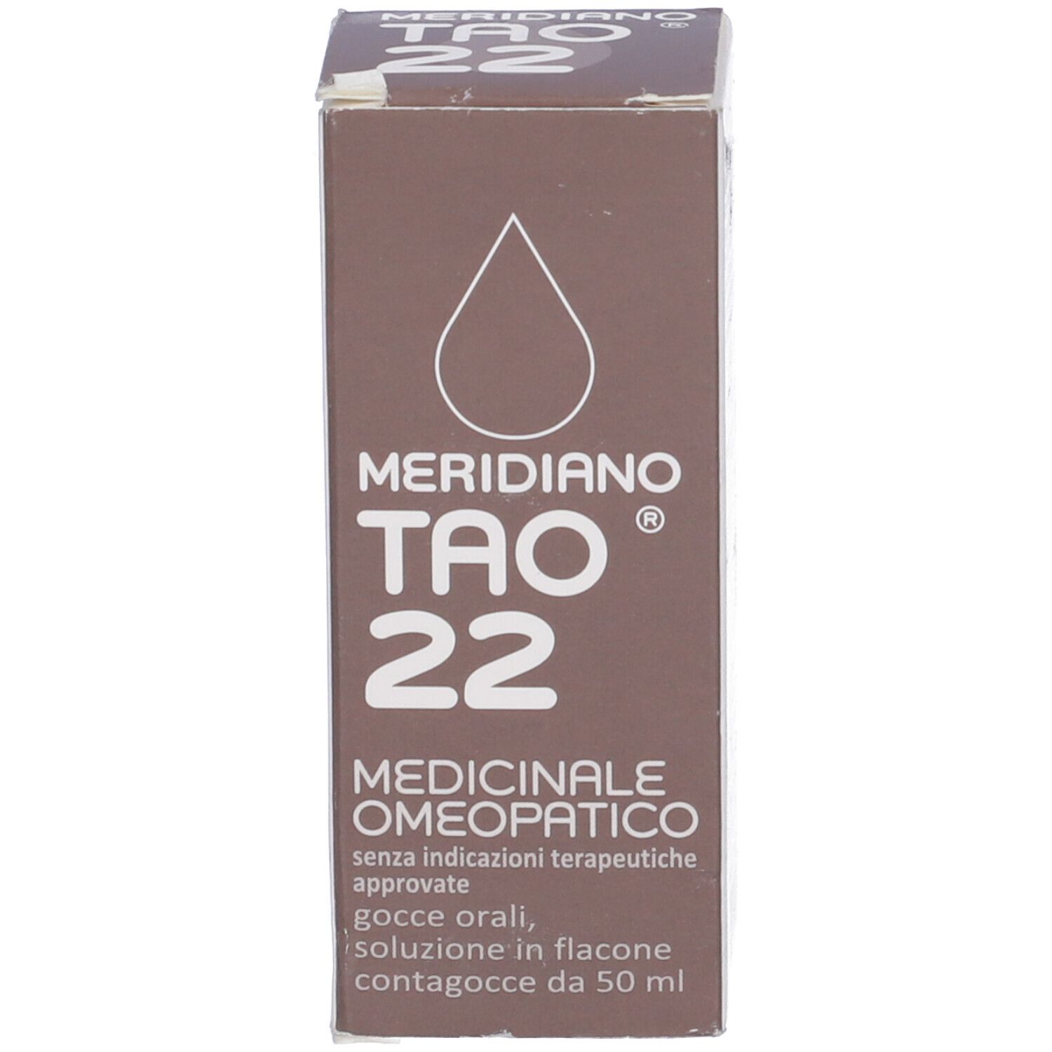Scatola marrone con testo: Meridiano Tao 22, Medicinale omeopatico. Flacone contagocce.