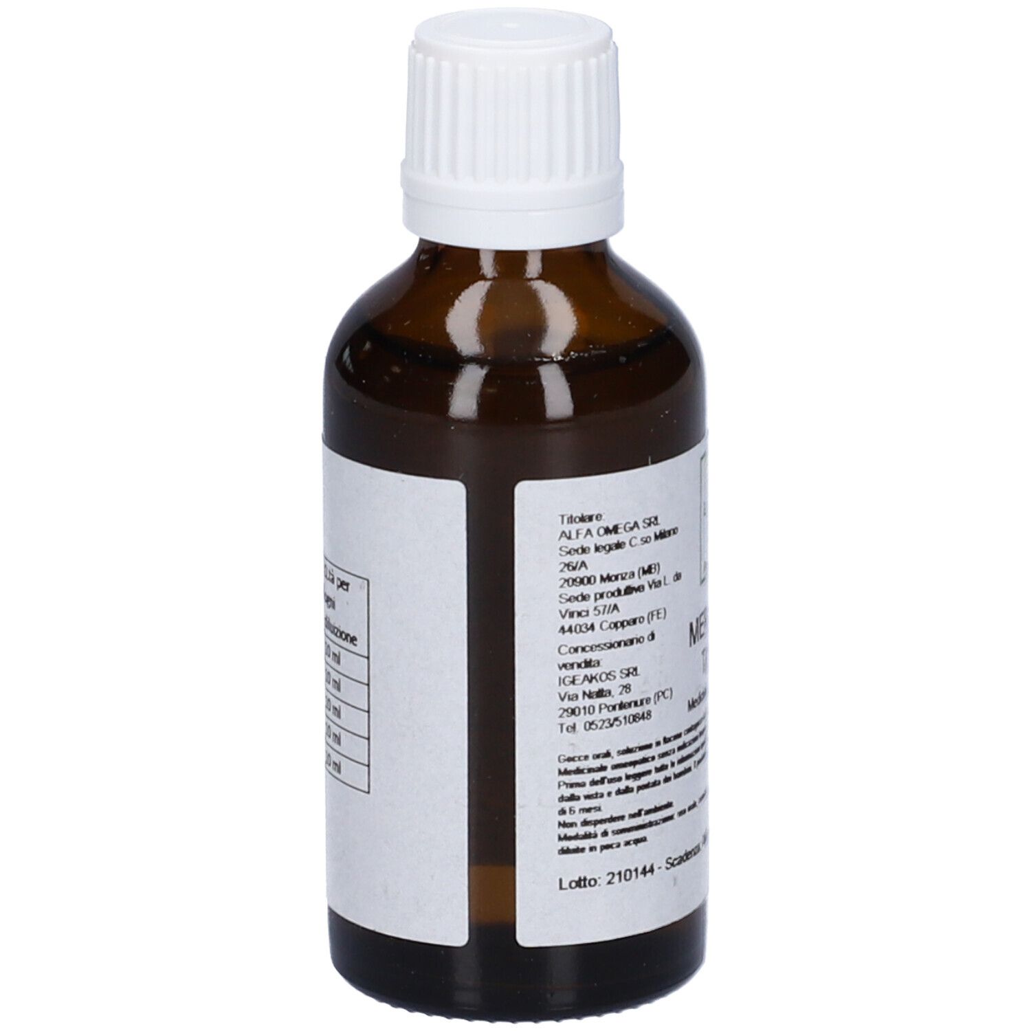 Retro di un flacone di vetro marrone con tappo bianco. Etichetta con informazioni sul prodotto. Medicinali.