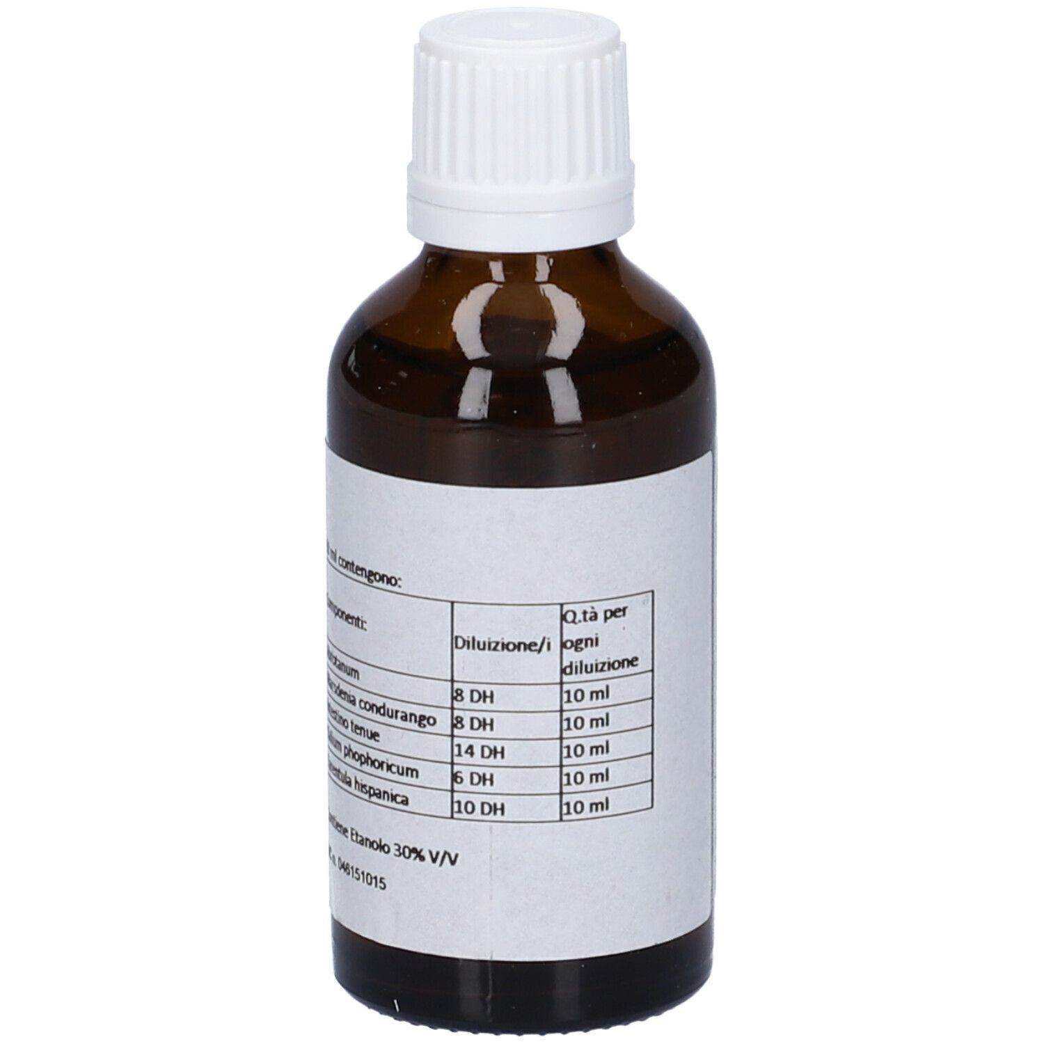 Flacone di vetro marrone con tappo bianco. Etichetta con ingredienti e dosaggio. Medicinali.