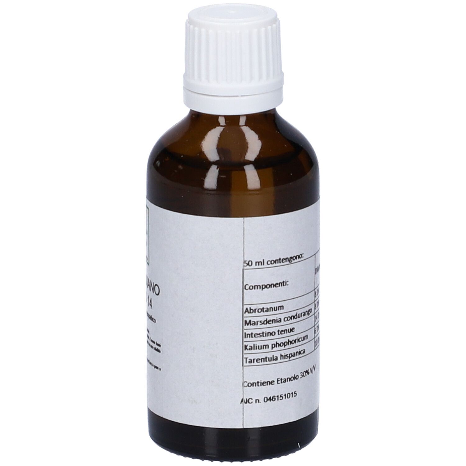 Flacone di vetro marrone con tappo bianco. Etichetta con ingredienti. Medicinali.
