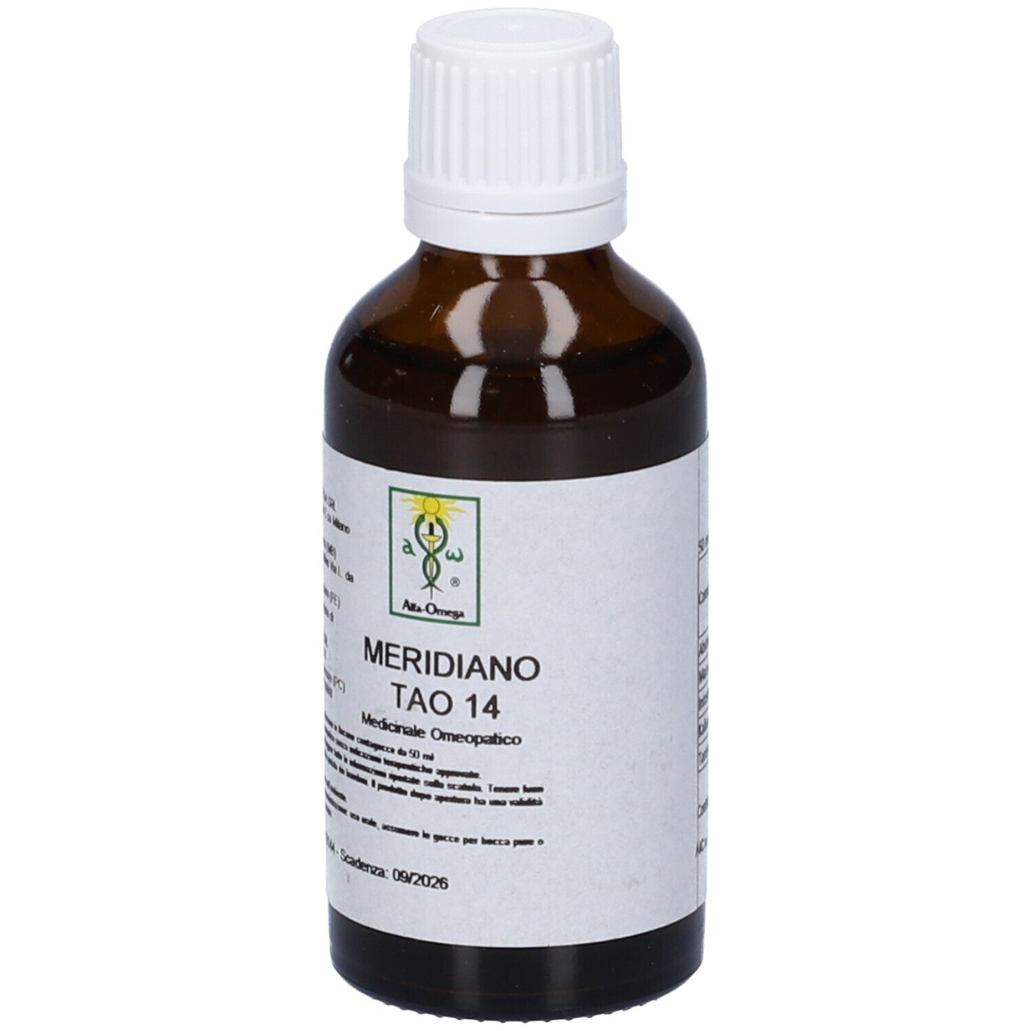 Flacone di vetro marrone con tappo bianco. Etichetta con nome e informazioni sul prodotto. Medicinali.