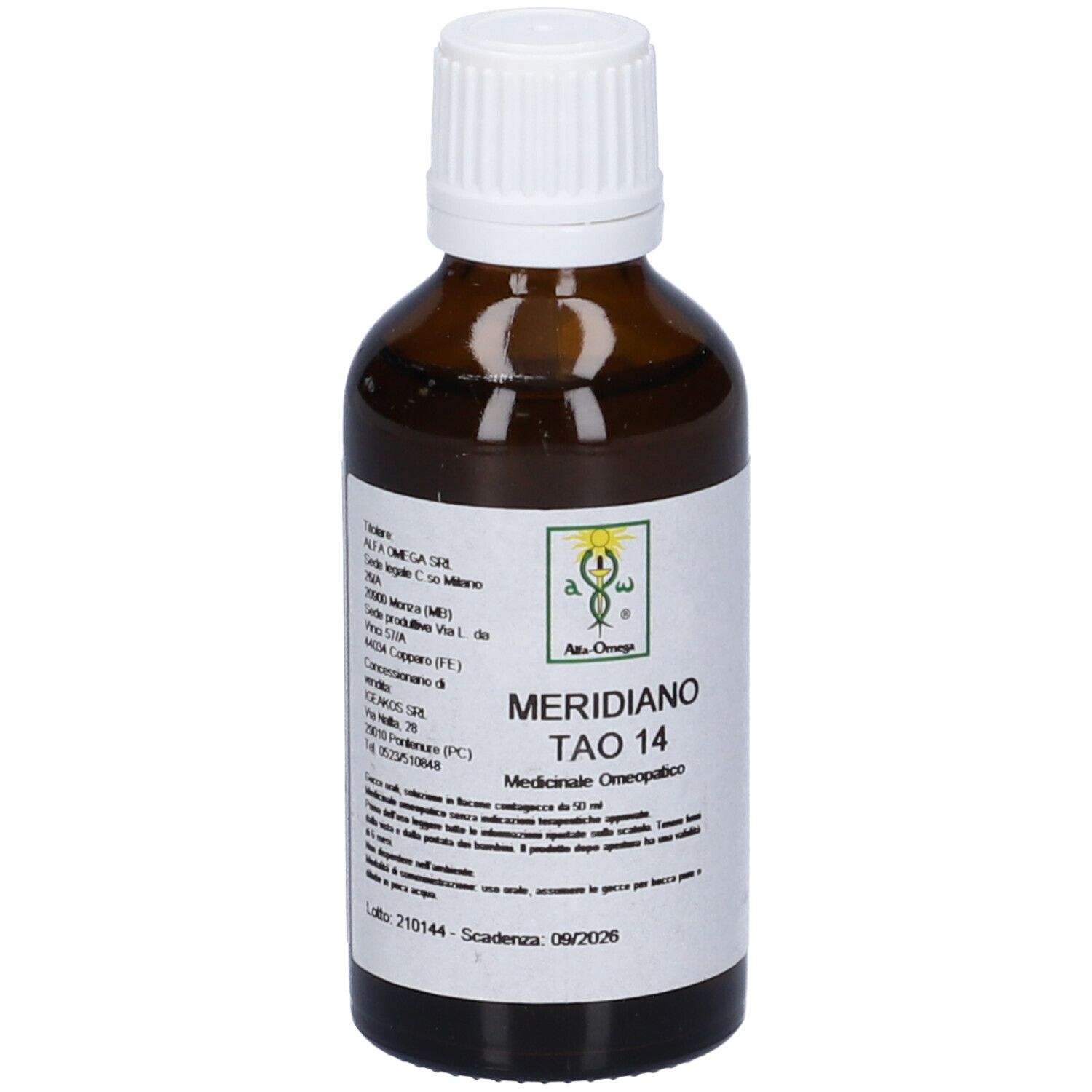 Flacone di vetro marrone con tappo bianco. Etichetta con nome e informazioni sul prodotto. Medicinali.
