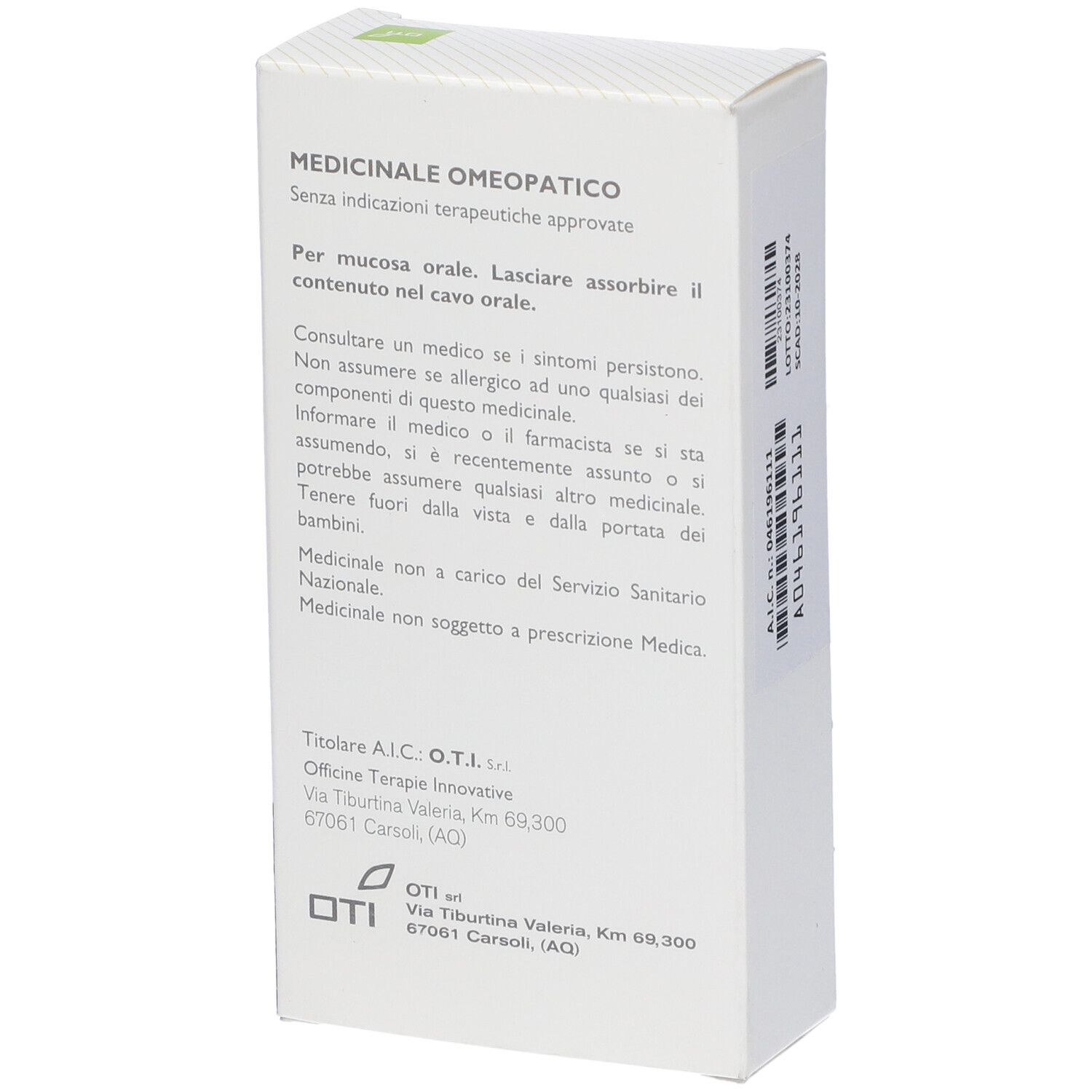 Confezione con testo: Argentum Nitricum 10MK, soluzione per mucosa orale. Logo OTI.