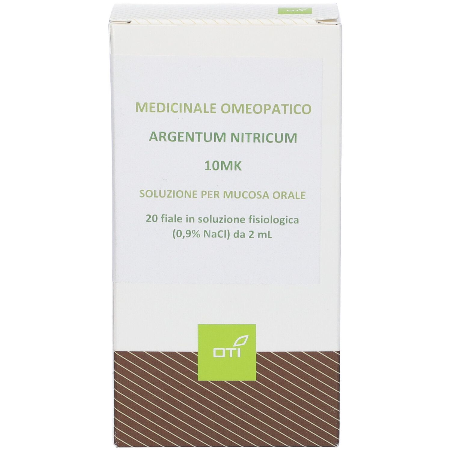 Confezione con testo: Argentum Nitricum 10MK, soluzione per mucosa orale. Logo OTI.