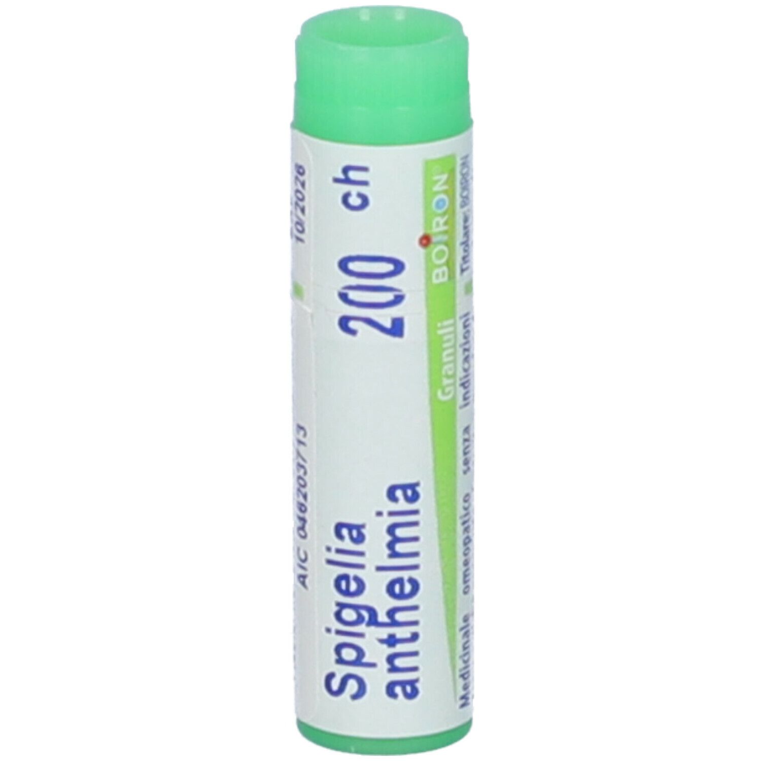Tubo cilindrico, tappo verde. Scritte: Spigelia anthelmia, 200 ch, BOIRON. Stampato: 10/2026.