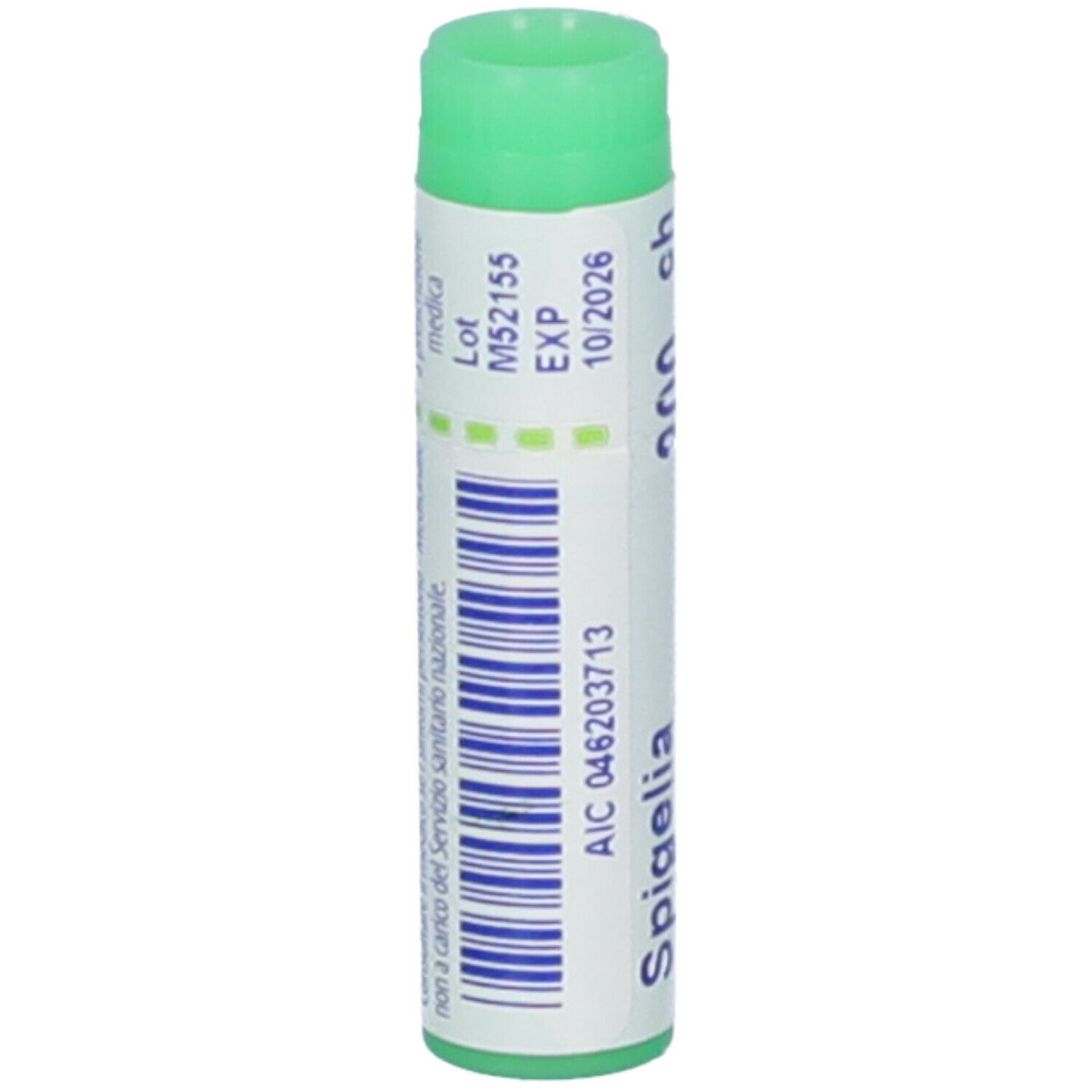 Tubo cilindrico, tappo verde. Scritte: Spigelia, 200 ch. Stampato: 10/2026, AIC 046203713.