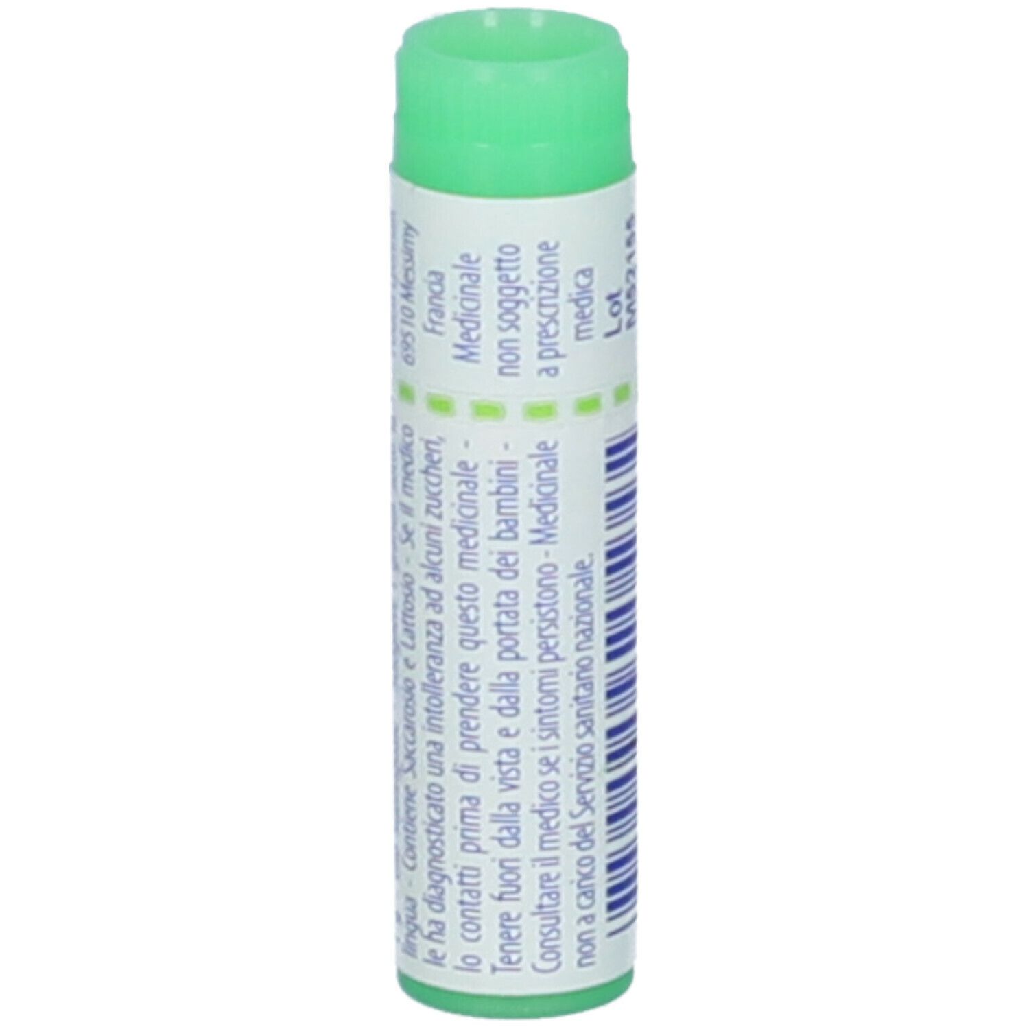 Tubo cilindrico, tappo verde. Scritte: Spigelia, 200 ch. Stampato: 10/2026, informazioni.