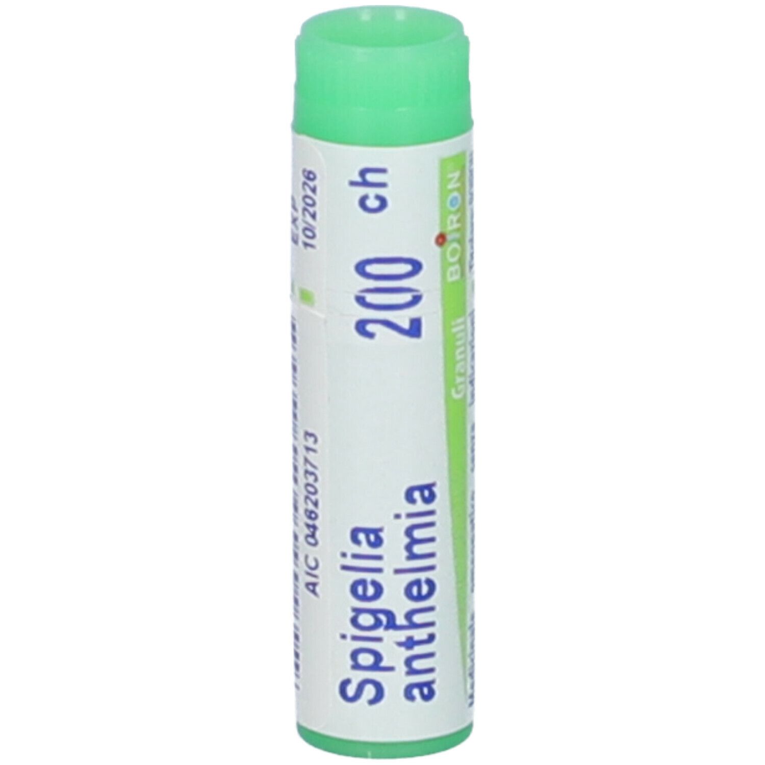 Tubo cilindrico, tappo verde. Scritte: Spigelia anthelmia, 200 ch, BOIRON. Stampato: 10/2026.
