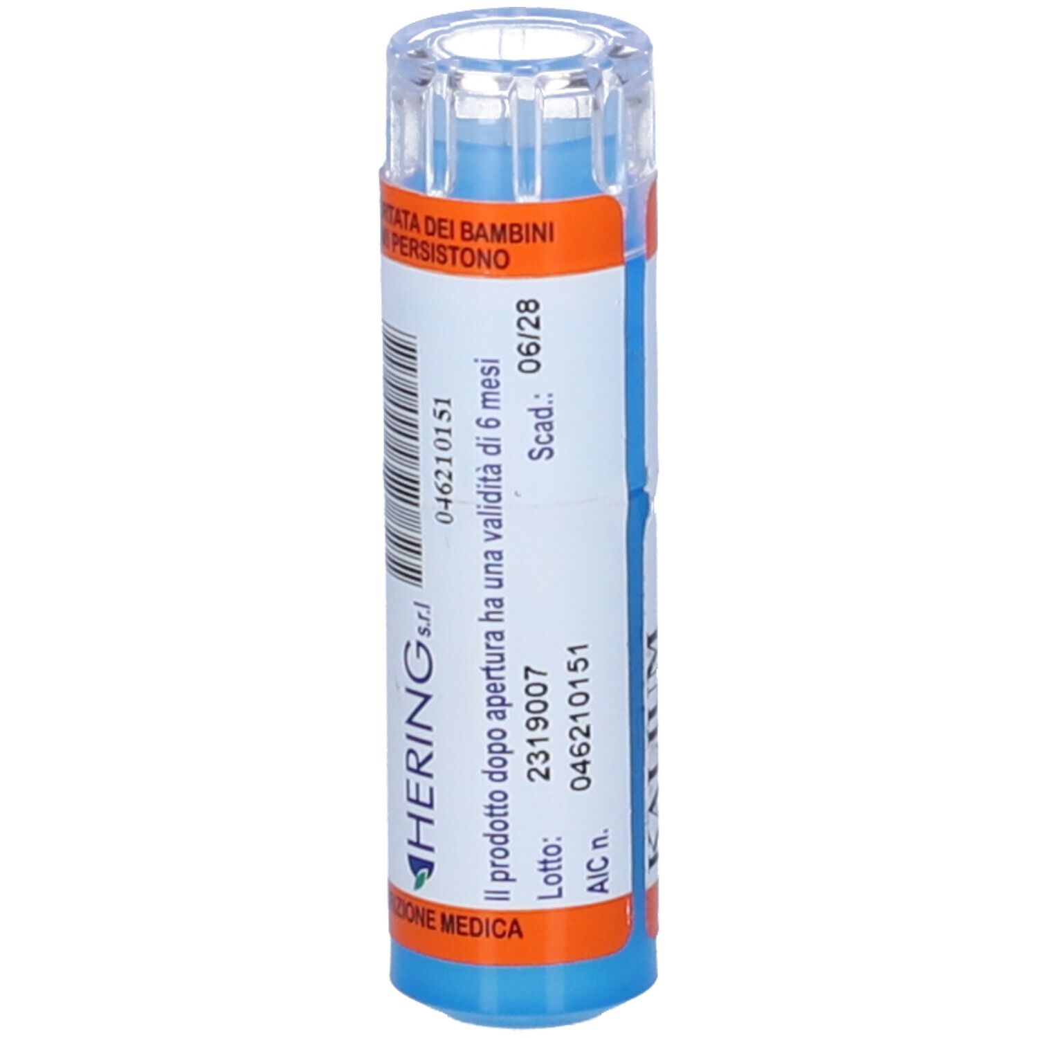 Flacone cilindrico blu e bianco con tappo trasparente. Scritta: HERING s.r.l. Etichette con numero di lotto e data di scadenza.