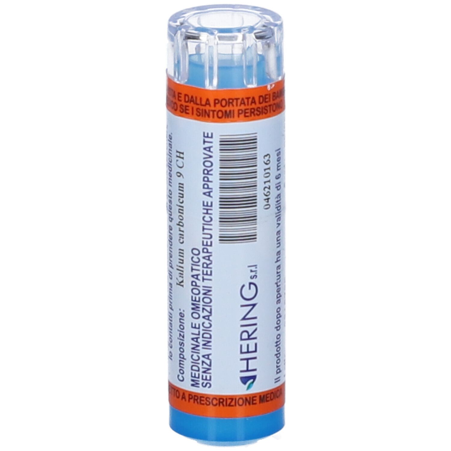 Contenitore multidose cilindrico. Scritta: HERING srl. Etichette arancioni e blu. Coperchio trasparente. Testo.