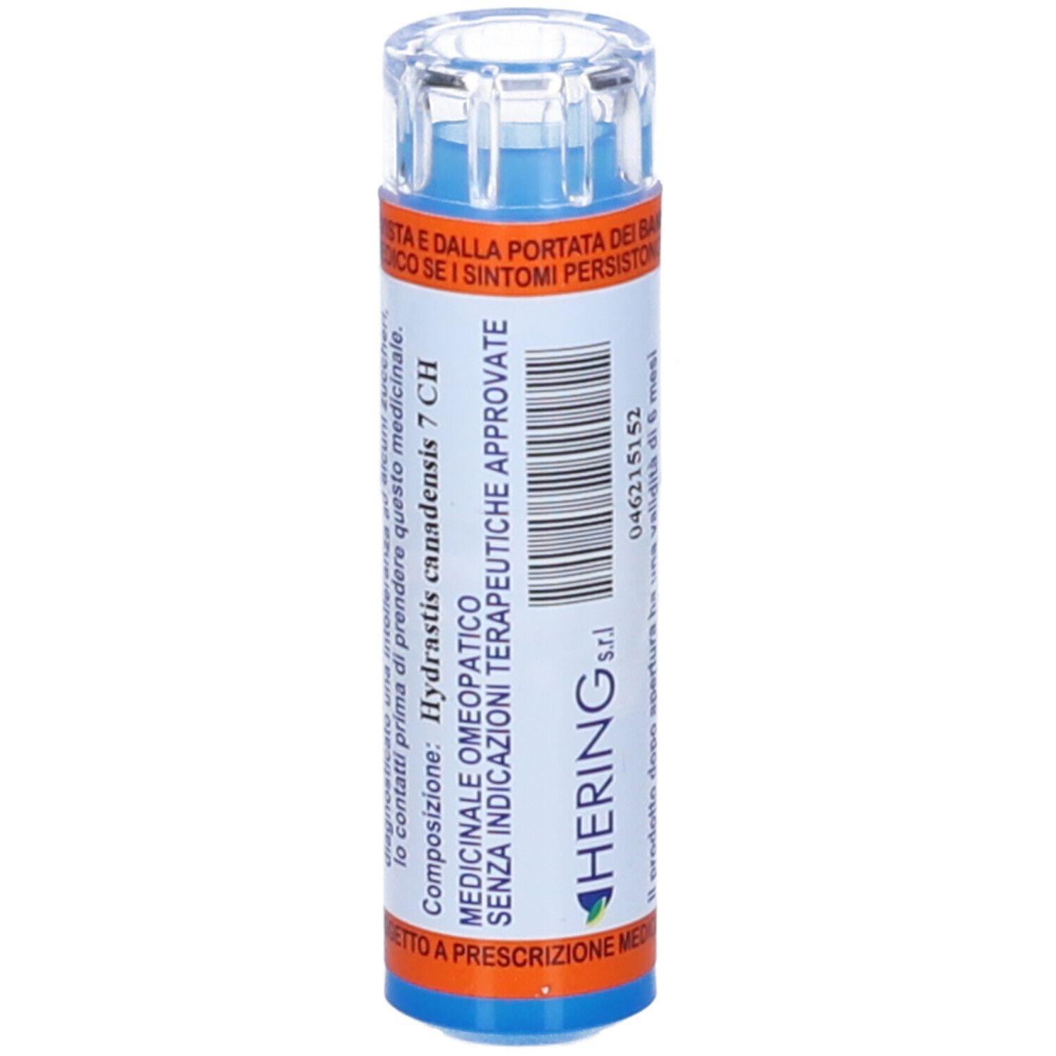 Flacone cilindrico blu e bianco. Scritta: HERING. Indicazioni mediche e omeopatiche. Testo in italiano.