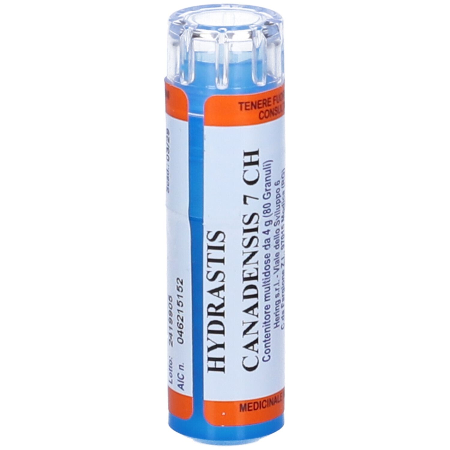 Flacone cilindrico blu e bianco. Scritta: Hydrastis Canadensis 7 CH. Informazioni sul produttore e indicazioni mediche.