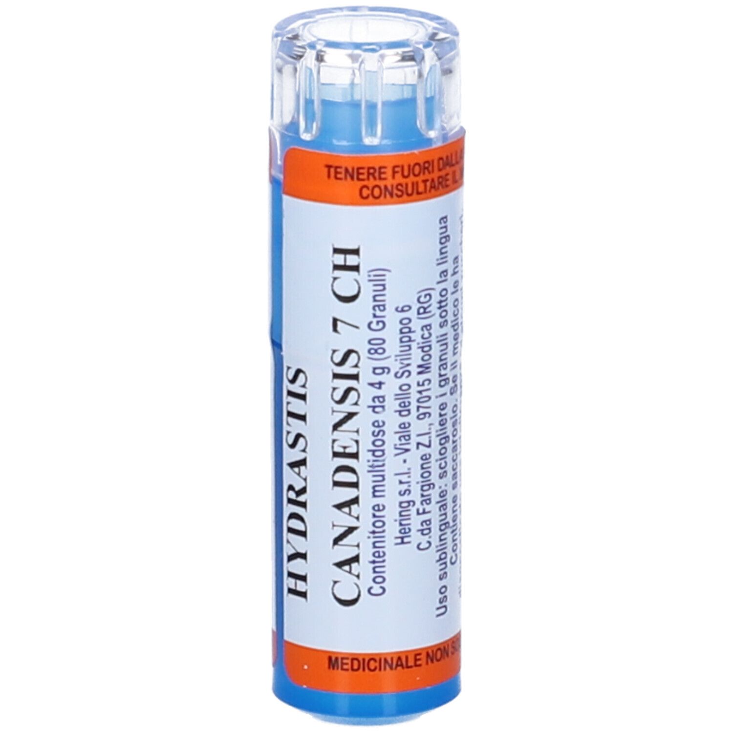 Flacone cilindrico blu e bianco. Scritta: Hydrastis Canadensis 7 CH. Informazioni sul produttore e indicazioni mediche.