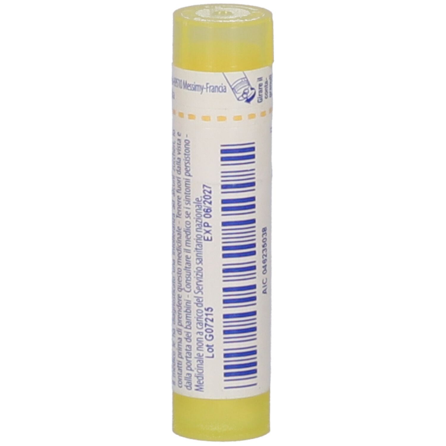 Flacone cilindrico giallo con etichetta bianca e codice a barre. Scritta: EXP 06/2027. Giallo sopra e sotto. Indirizzo del produttore.