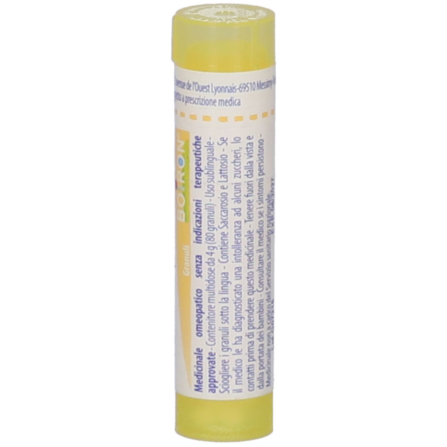 Flacone cilindrico giallo con etichetta bianca. Scritta: Granuli, BOIRON. Giallo sopra e sotto. Testo multilingue.