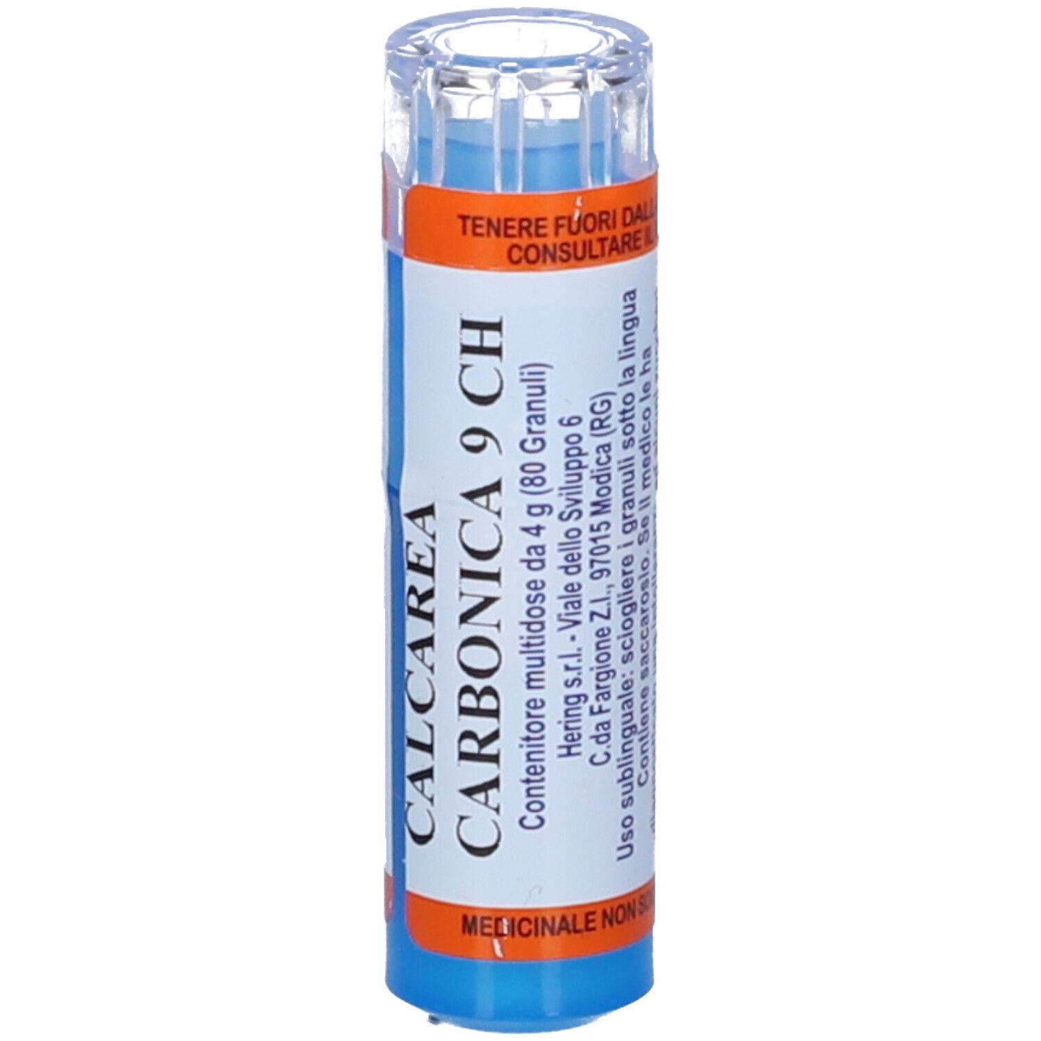 Flacone cilindrico blu e bianco con coperchio trasparente. Scritta CALCAREA CARBONICA 9 CH. Etichette arancioni.