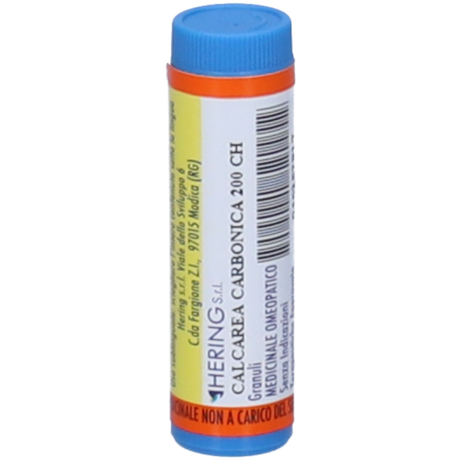 Confezione cilindrica. Testo: CALCAREA CARBONICA 200 CH, Hering S.r.l. Medicinali.
