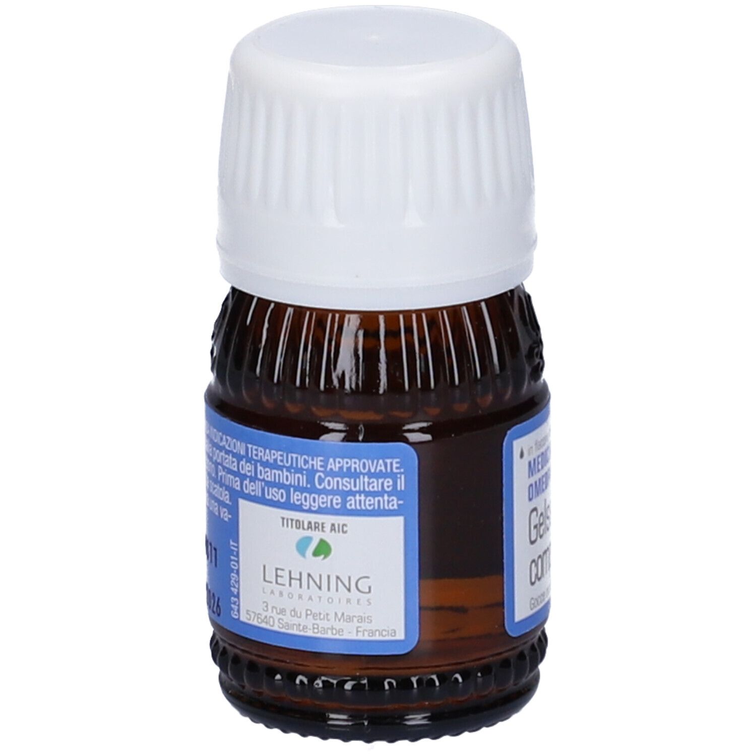 Flacone di vetro marrone con tappo bianco. Etichetta con informazioni e testo sul prodotto. Flacone contagocce.