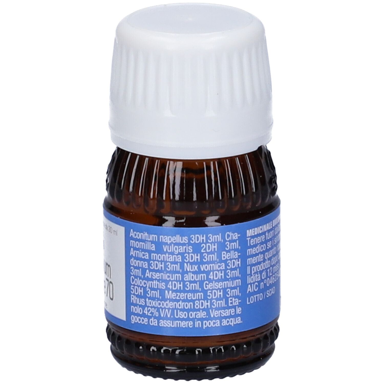 Flacone di vetro marrone con tappo bianco. Etichetta con ingredienti e testo. Flacone contagocce.