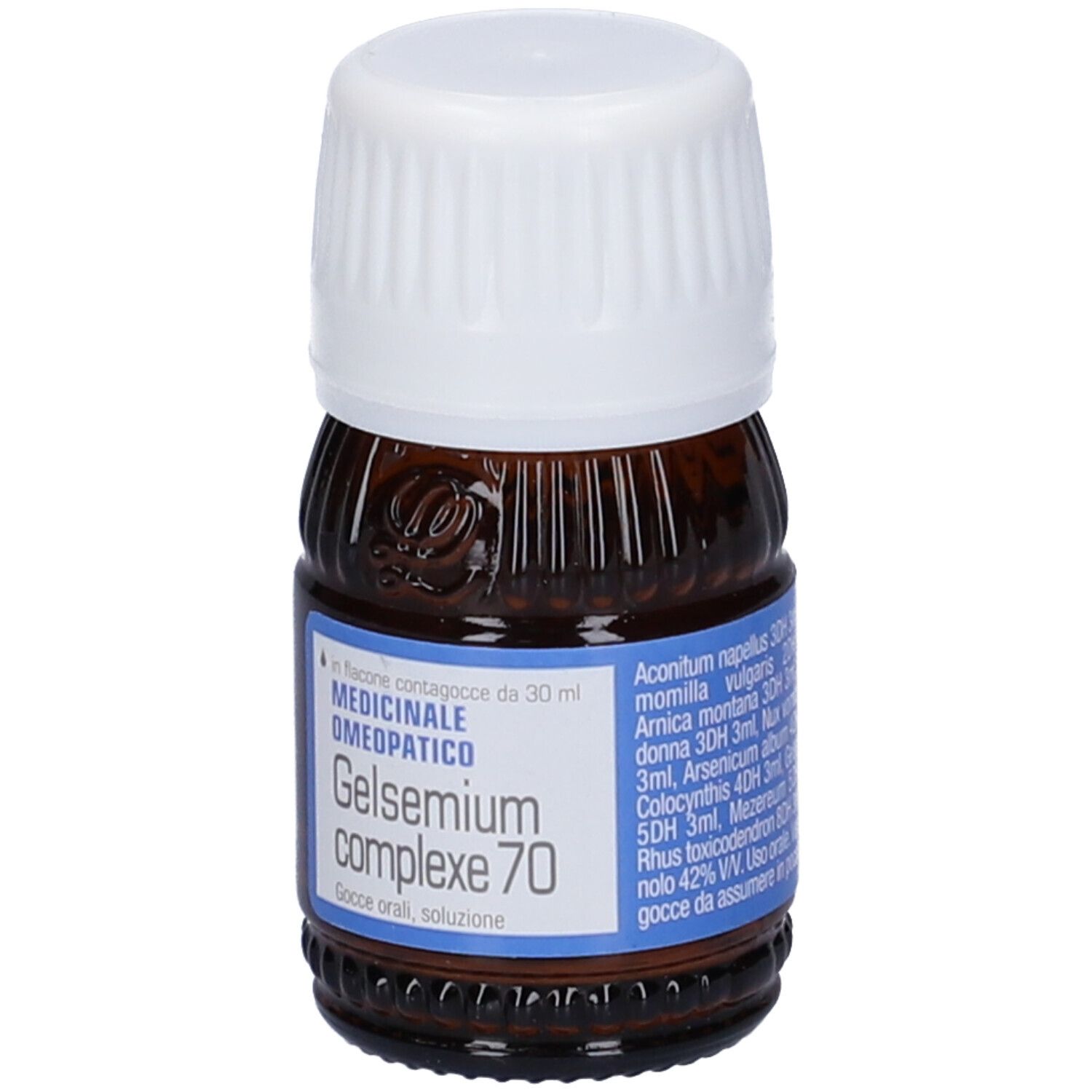 Flacone di vetro marrone con tappo bianco. Etichetta con nome del prodotto e ingredienti. Flacone contagocce.