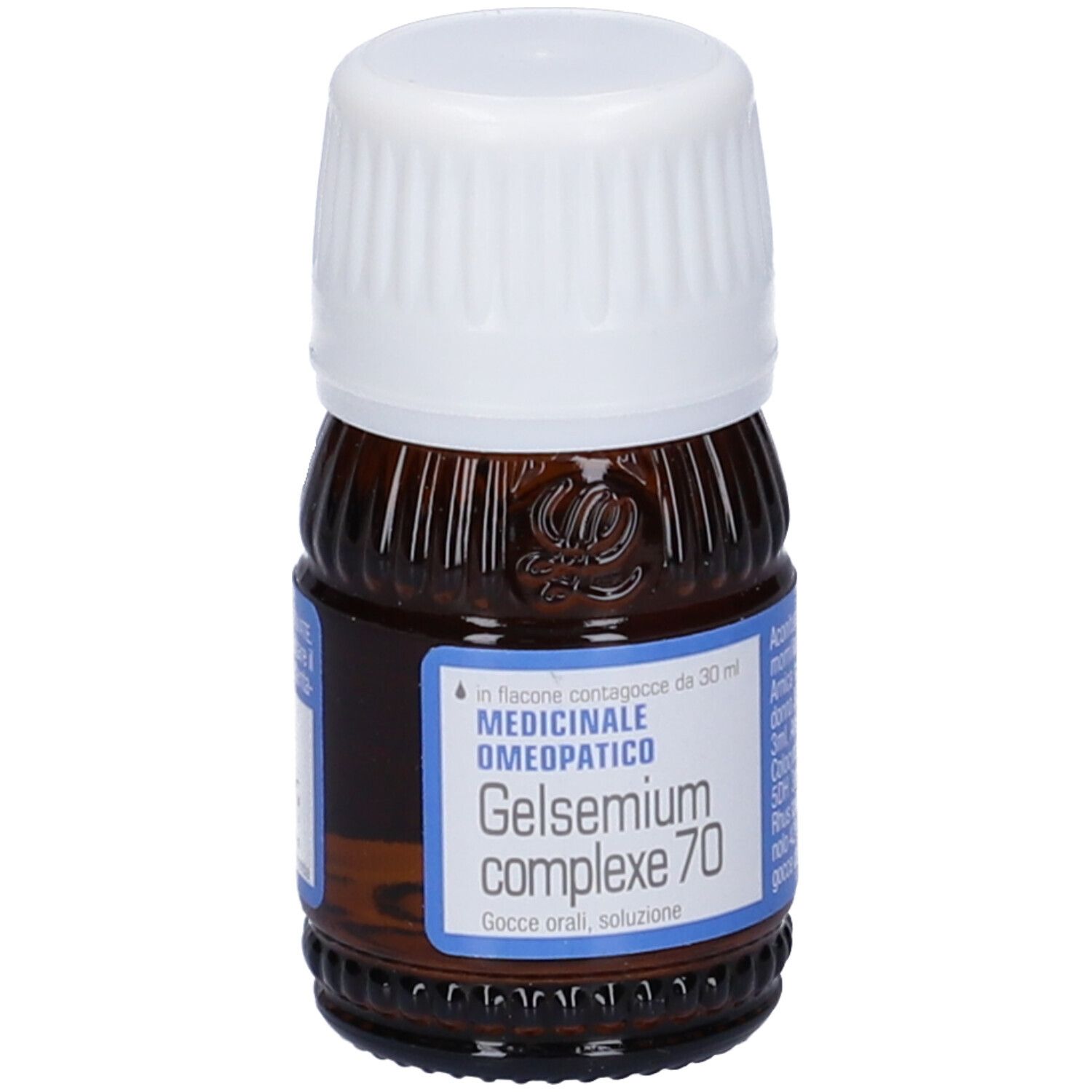 Flacone di vetro marrone con tappo bianco. Etichetta con nome del prodotto e testo. Flacone contagocce.