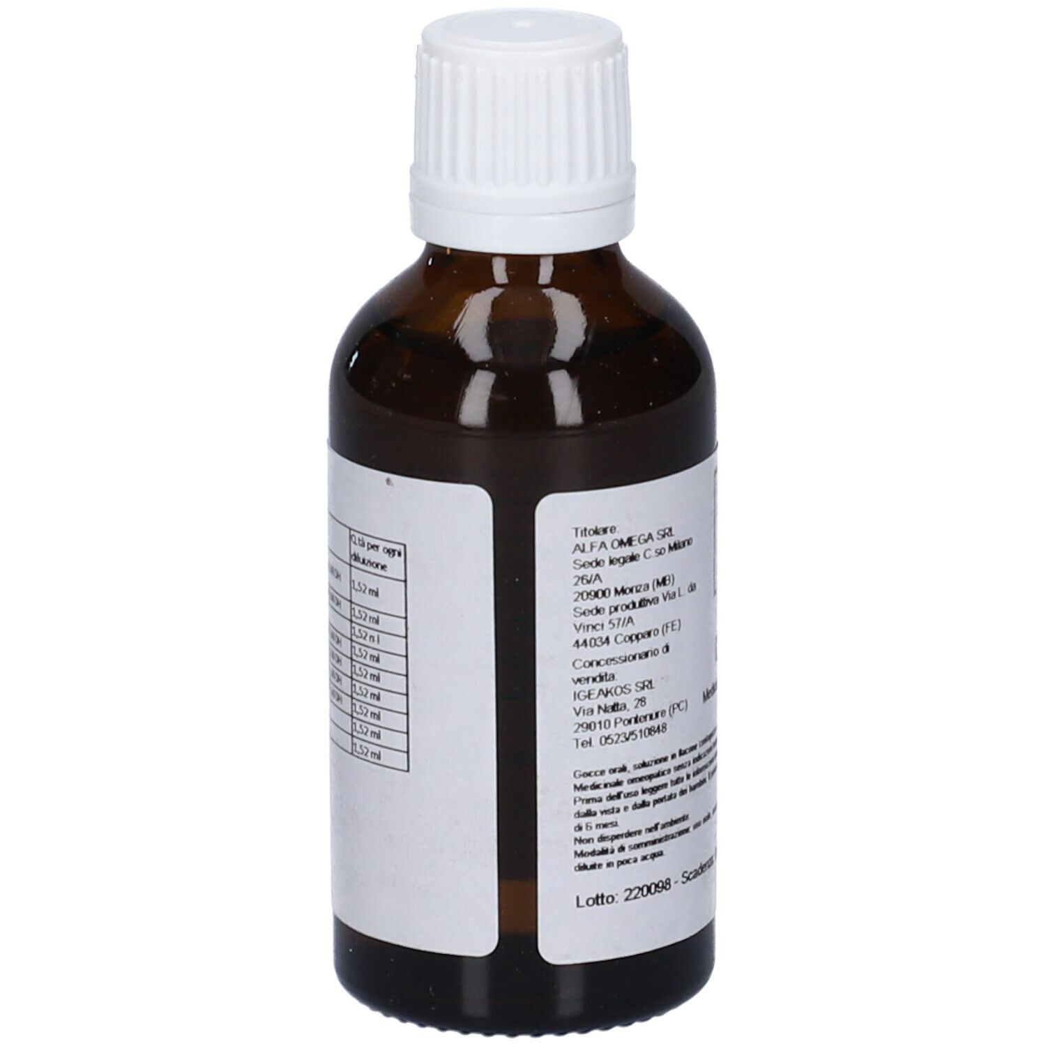 Flacone di vetro marrone con tappo bianco. Etichetta con testo: Alfa Omega Spa, indirizzo, numero di lotto, scadenza.