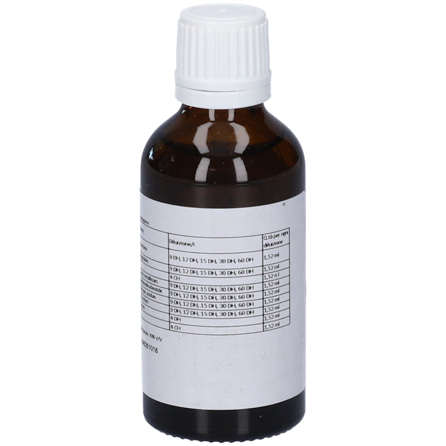 Flacone di vetro marrone con tappo bianco. Etichetta con testo: Ingredienti, dosaggio per dose.