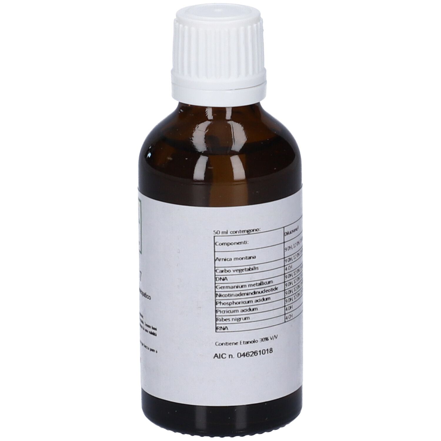 Flacone di vetro marrone con tappo bianco. Etichetta con testo: Ingredienti, dosaggio per dose.