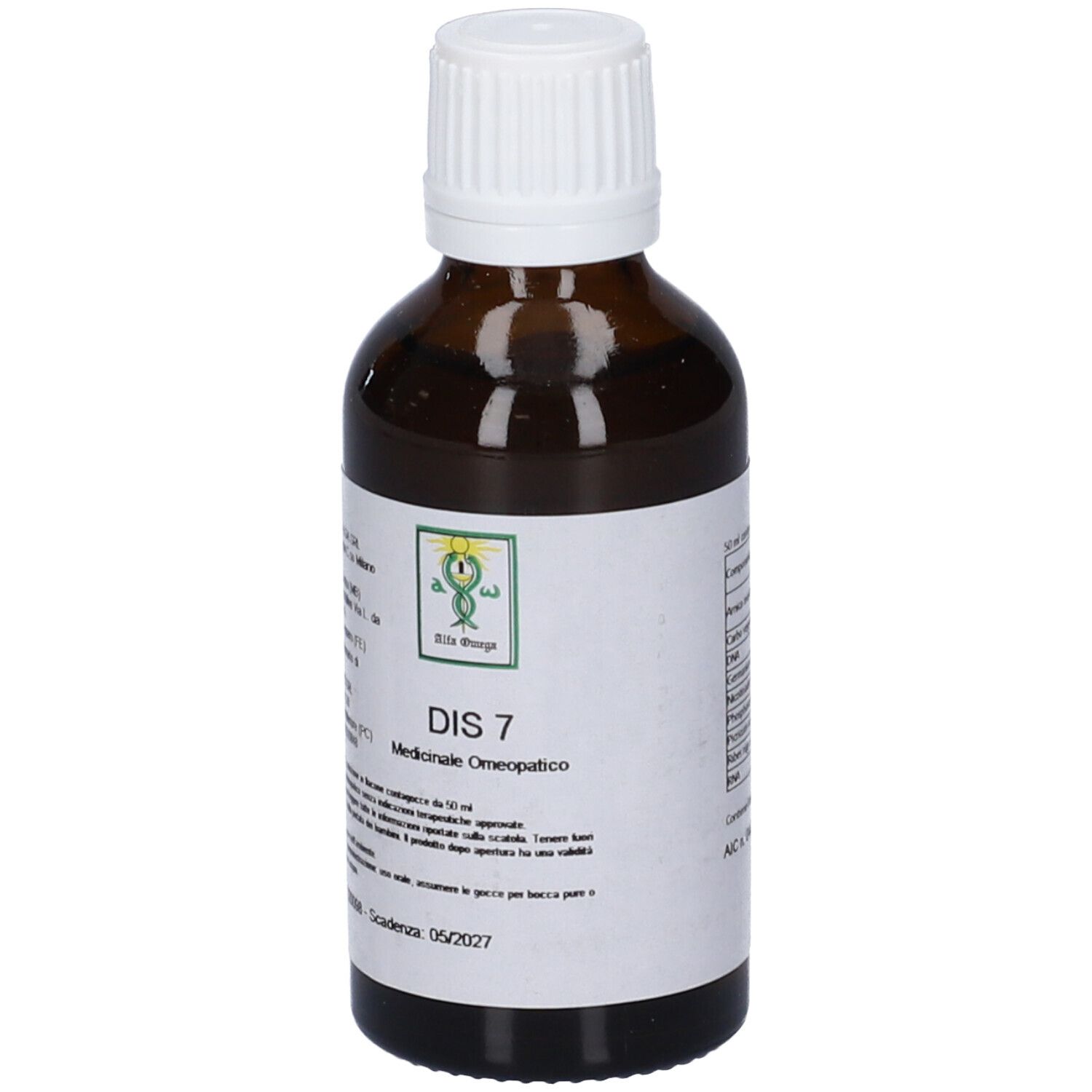 Flacone di vetro marrone con tappo bianco. Etichetta con testo: DIS 7, Medicinale, Omeopatico. Logo.