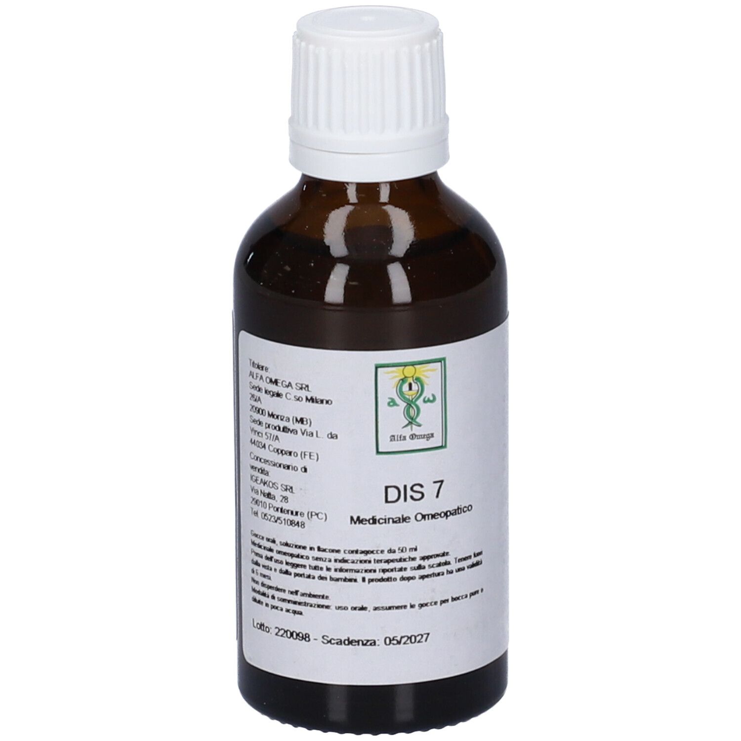 Flacone di vetro marrone con tappo bianco. Etichetta con testo: DIS 7, Medicinale, Omeopatico. Logo.