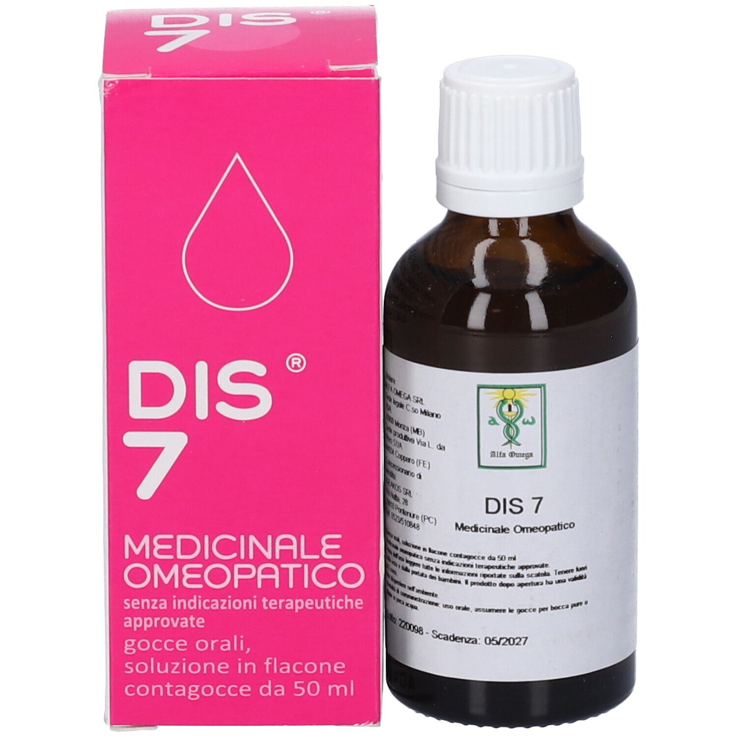Flacone di vetro marrone con tappo bianco e scatola rosa. Scatola con testo: DIS 7, Medicinale, Omeopatico.