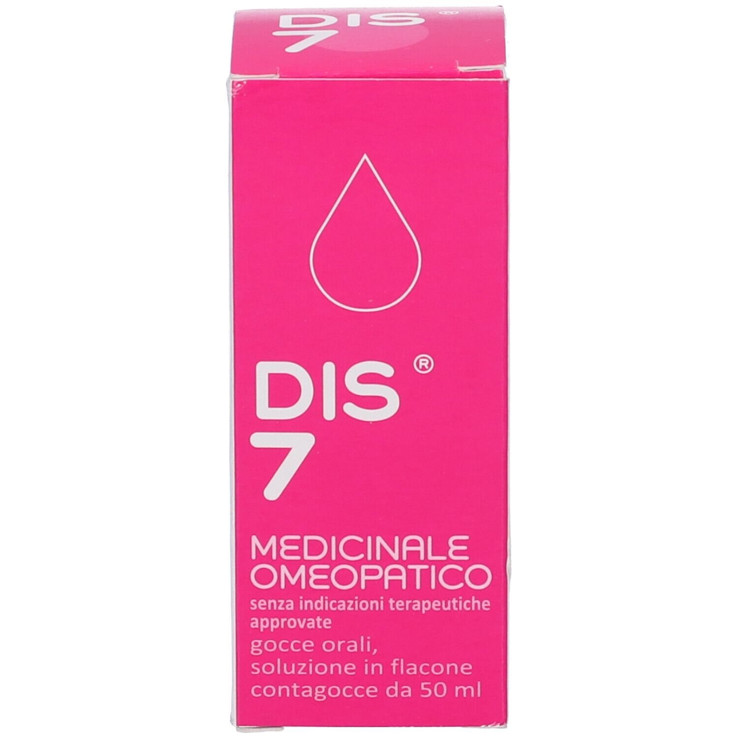 Scatola rosa con testo: DIS 7, Medicinale, Omeopatico. Simbolo goccia.