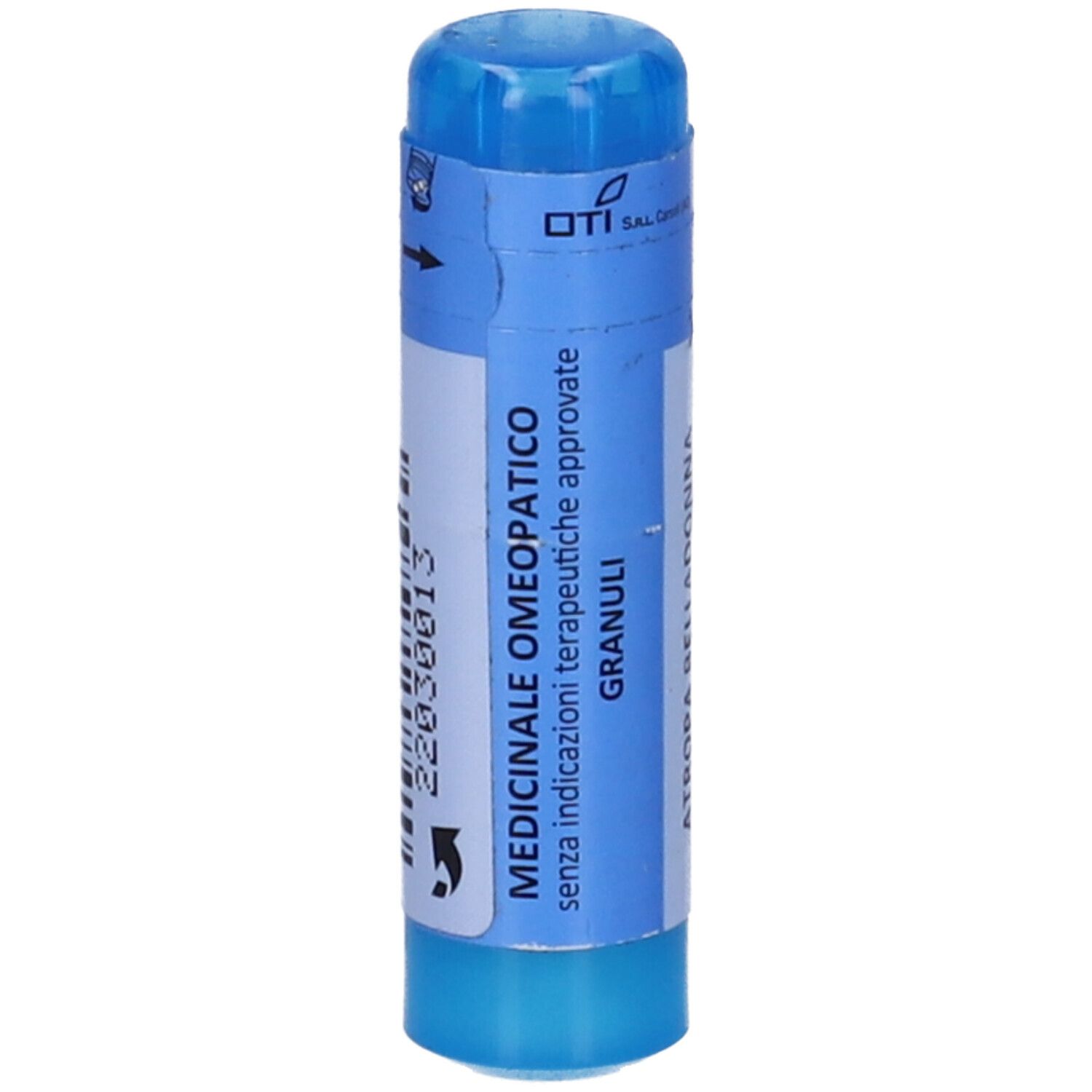 Confezione cilindrica blu con etichetta bianca. Scritta: Medicinale Omeopatico Granuli. Senza indicazioni terapeutiche.
