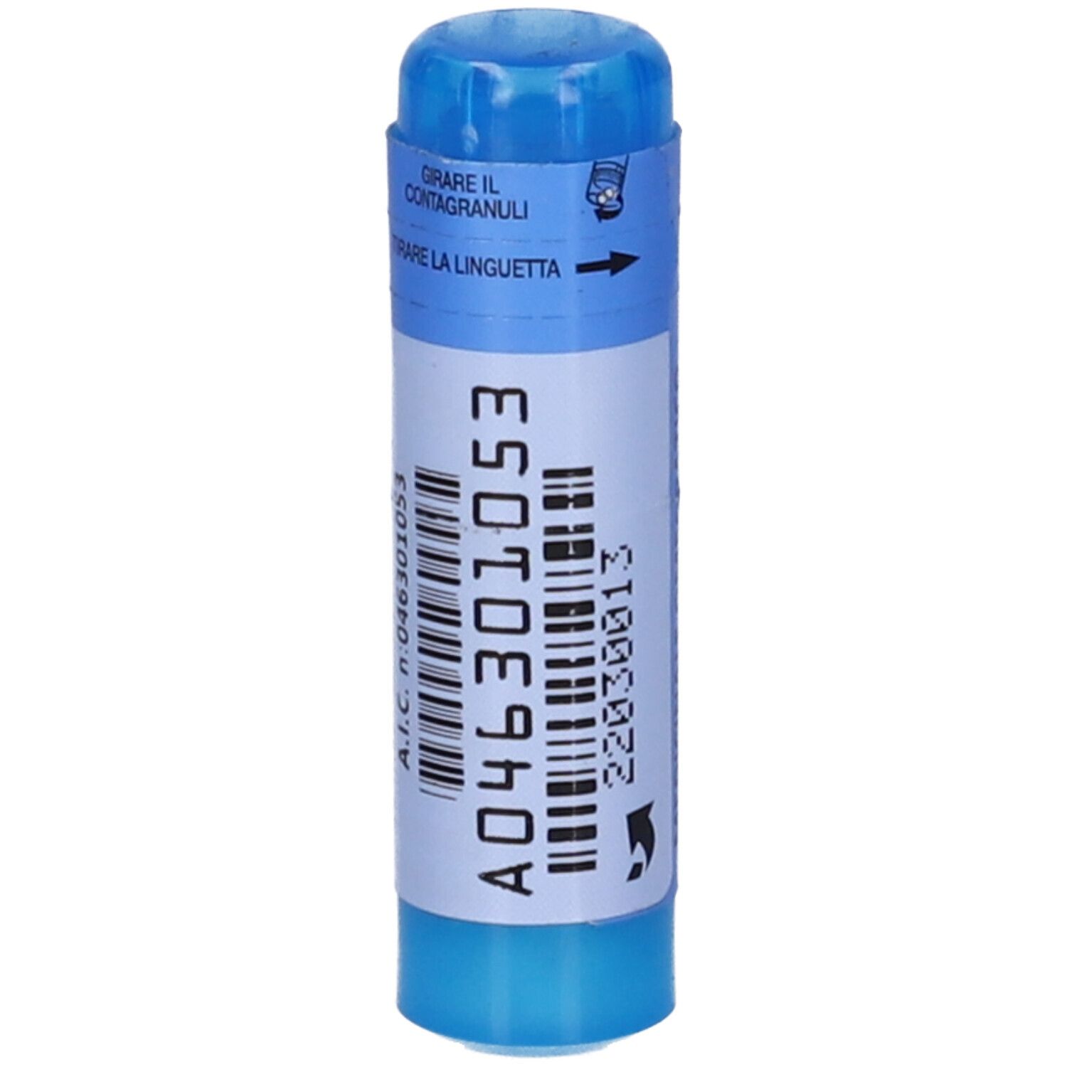 Confezione cilindrica blu con codice a barre ed etichetta bianca. Scritta: A.I.C. n. 046301053.