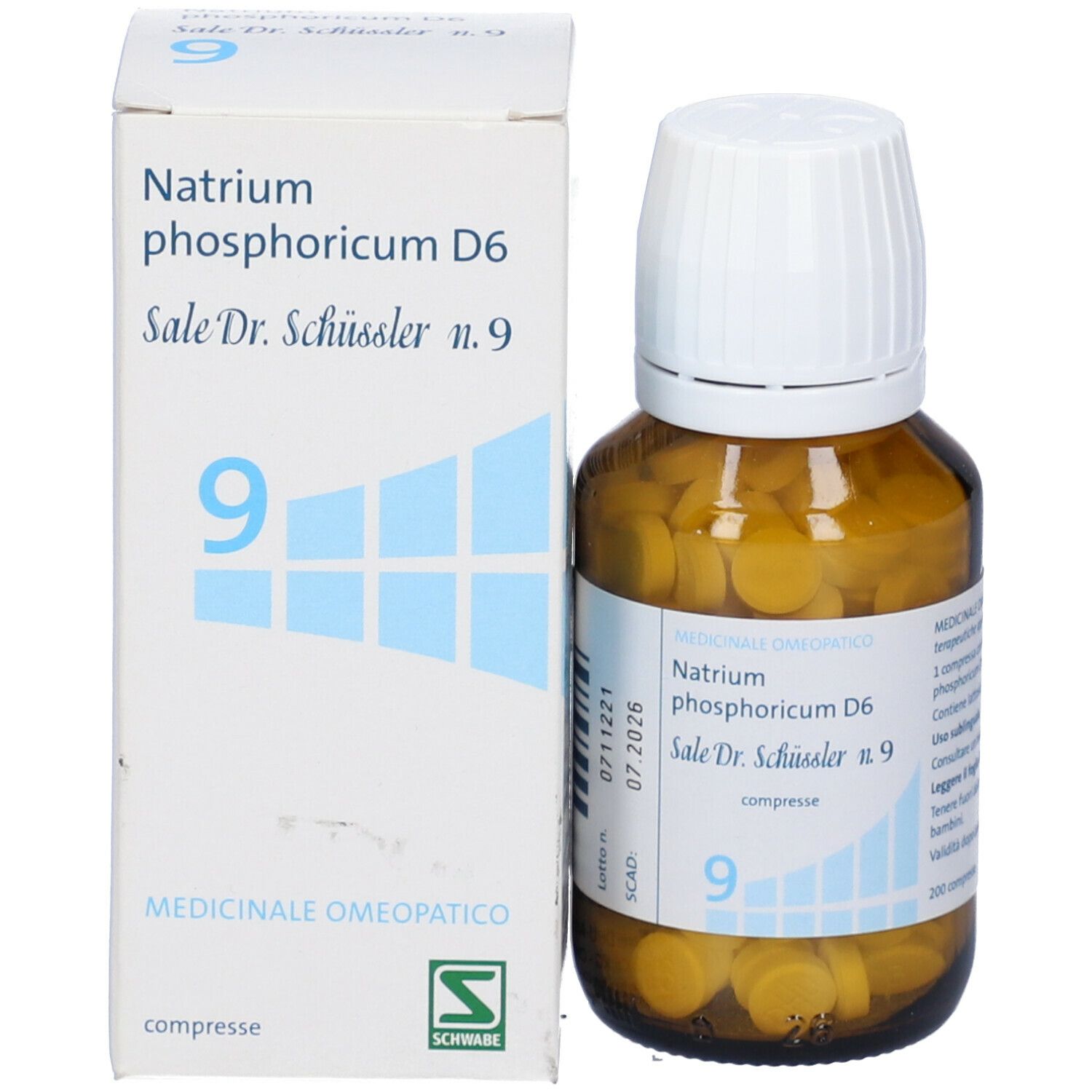 Flacone di vetro marrone e scatola con informazioni sul prodotto. Scritta: Natrium phosphoricum D6, Sale Dr. Schüssler n.9.