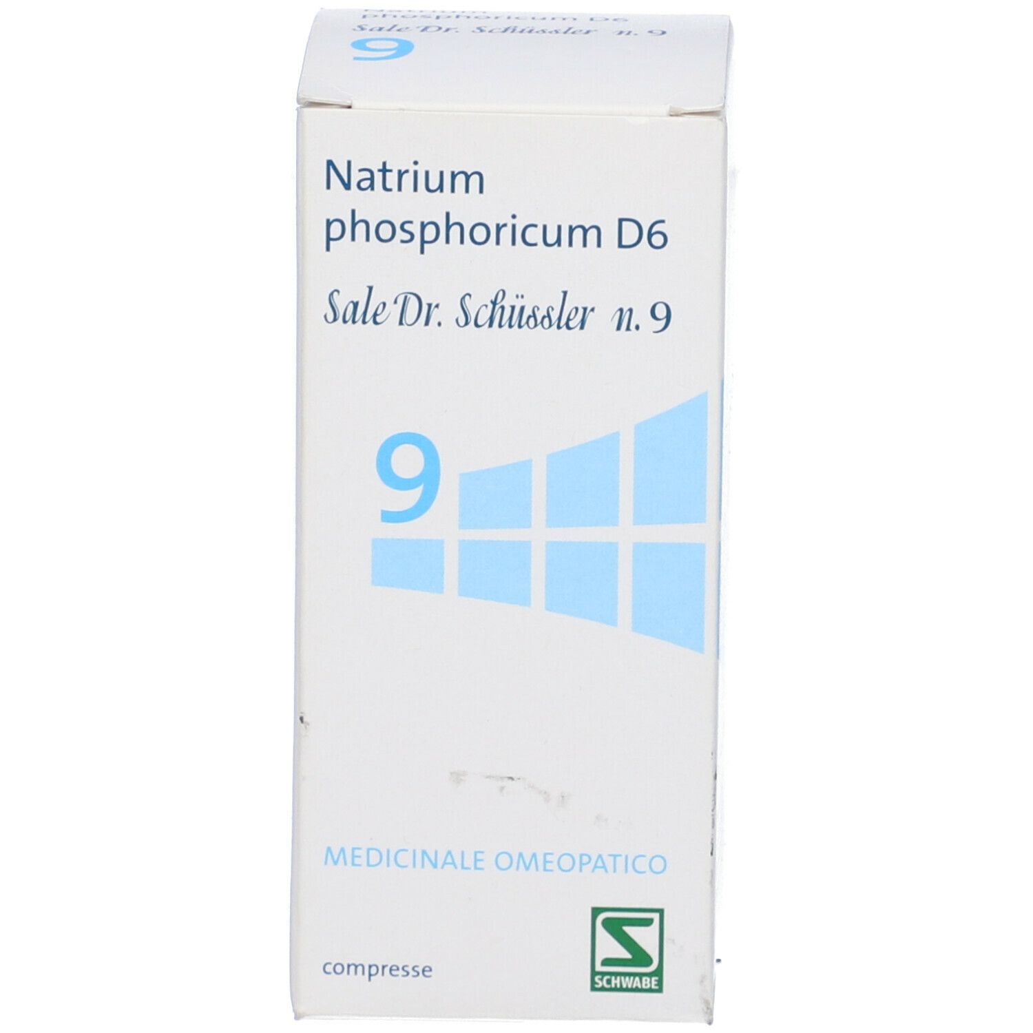 Scatola bianca con informazioni sul prodotto. Scritta: Natrium phosphoricum D6, Sale Dr. Schüssler n.9.