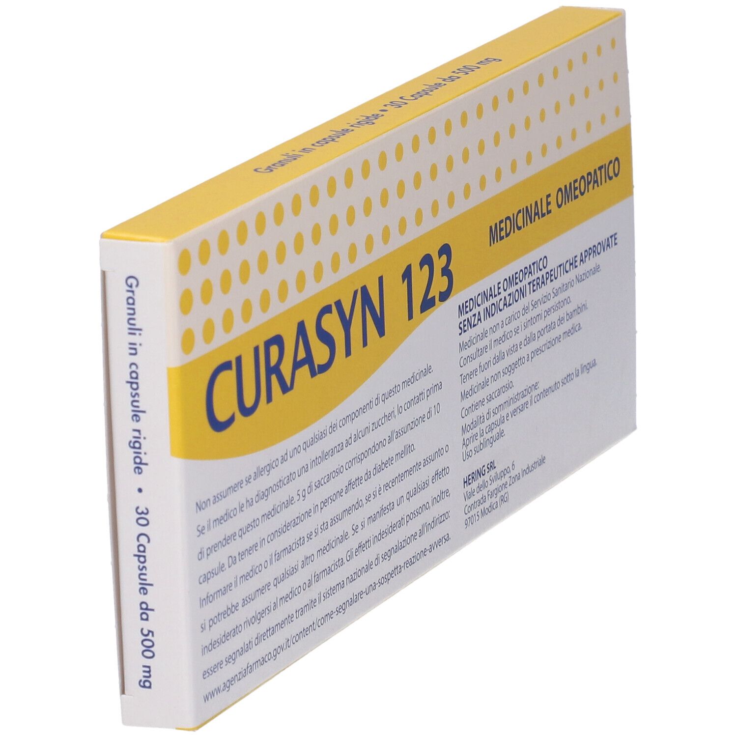 Scatola CURASYN 123 in prospettiva. Confezione gialla e bianca con testo. A sinistra: Granuli in capsule rigide. 30 capsule.