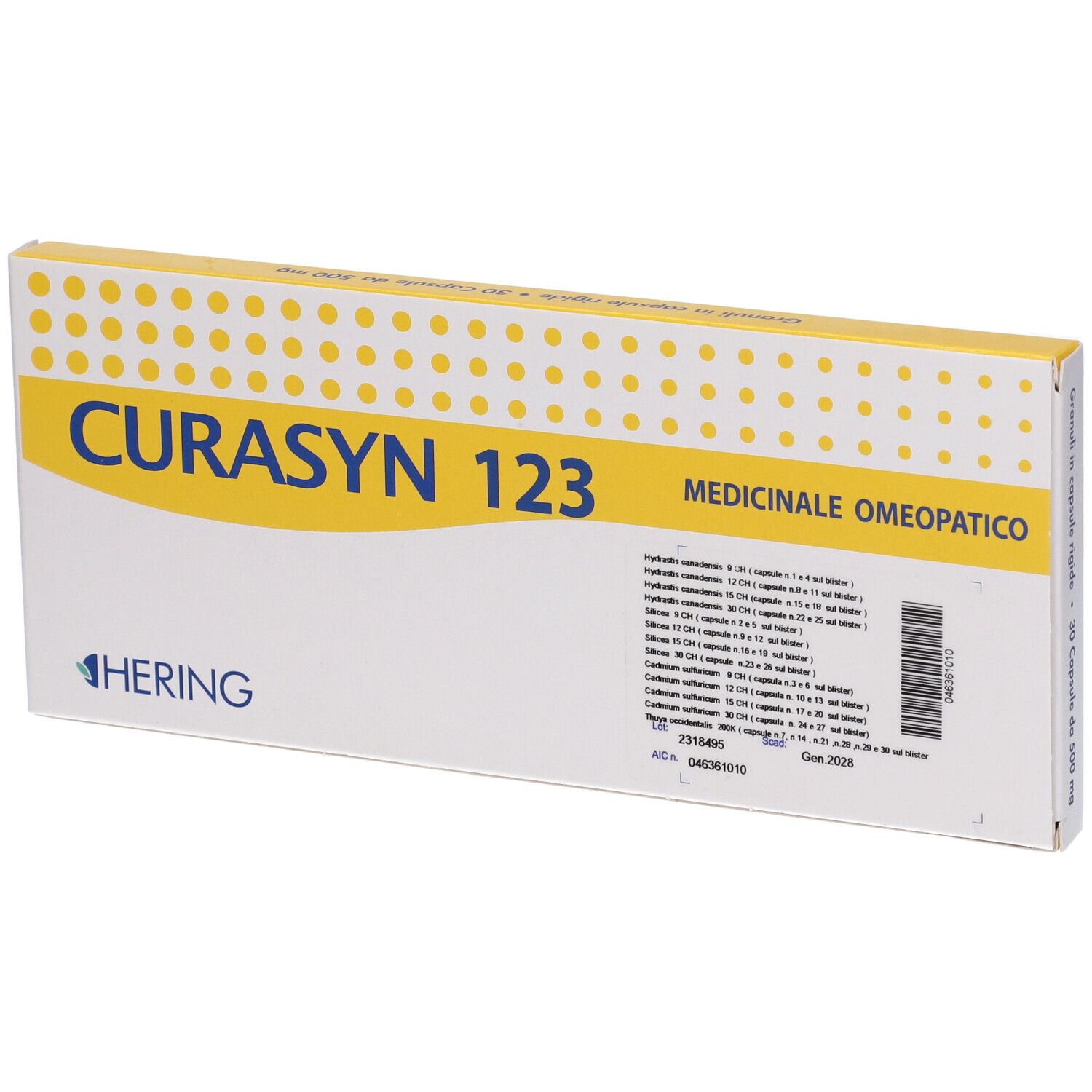 Scatola CURASYN 123. Confezione gialla e bianca con testo. A sinistra: HERING. Retro con informazioni.