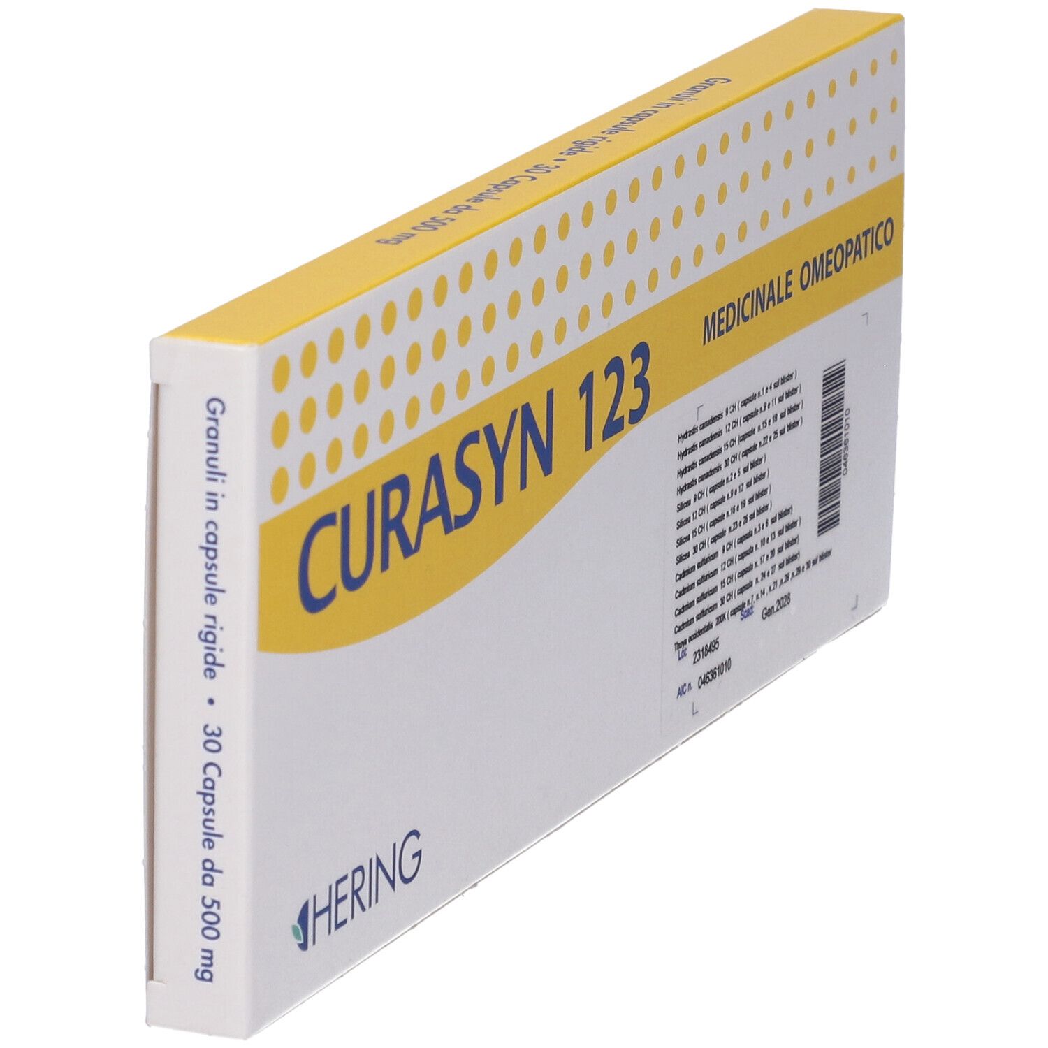 Scatola CURASYN 123 in prospettiva. Confezione gialla e bianca con testo. A sinistra: Granuli in capsule rigide. 30 capsule.