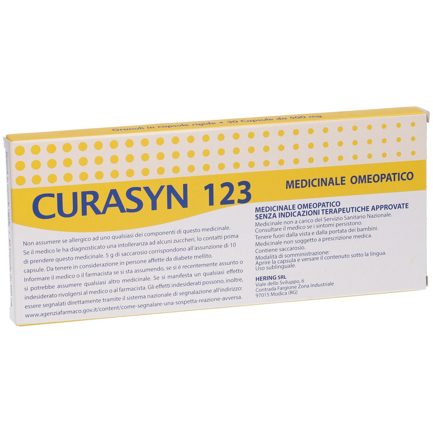 Scatola CURASYN 123. Confezione gialla e bianca con testo. In alto a sinistra: CURASYN 123. Retro con testo.