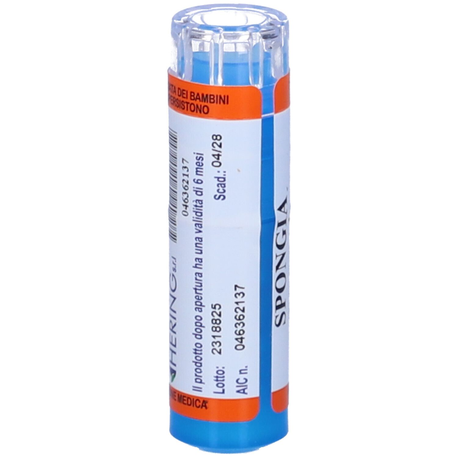 Flacone cilindrico blu e bianco con etichette arancioni. Scritto: Spongia. Contiene informazioni sulla validità.